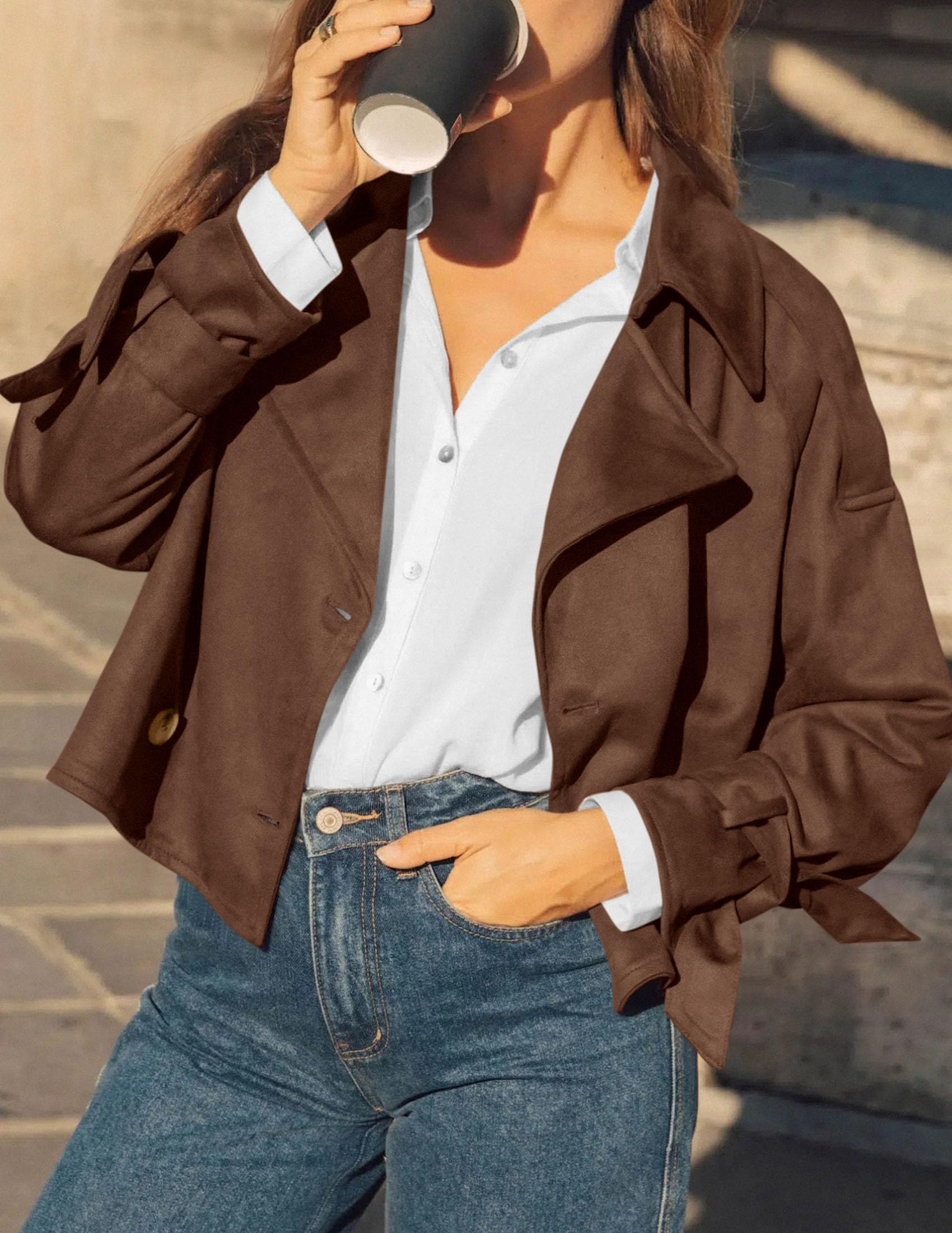 Women Faux Suede Double Breasted Trench Coat Cropped Jackets