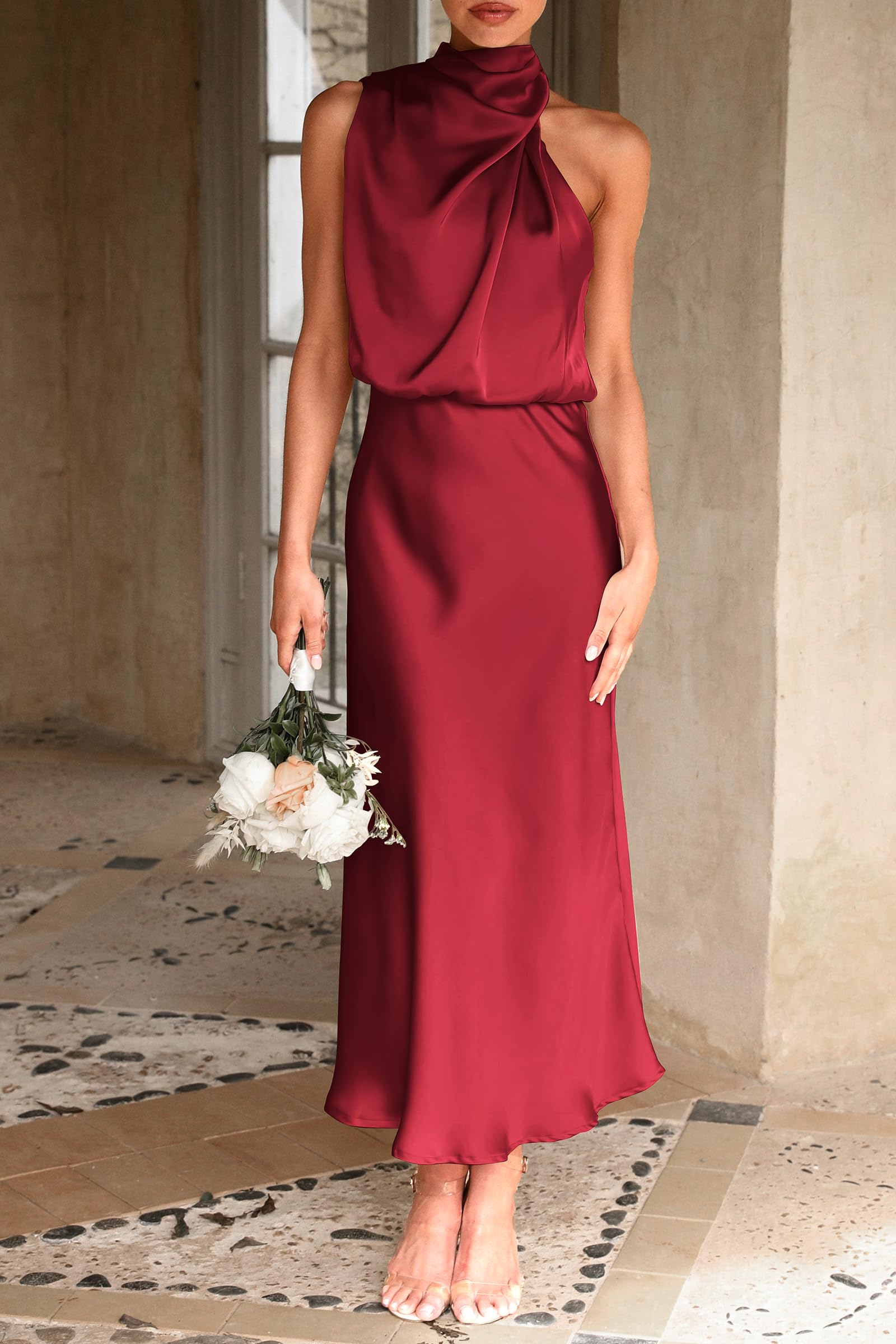 Women's Summer Satin Maxi Cocktail Dress Dark Wine Red