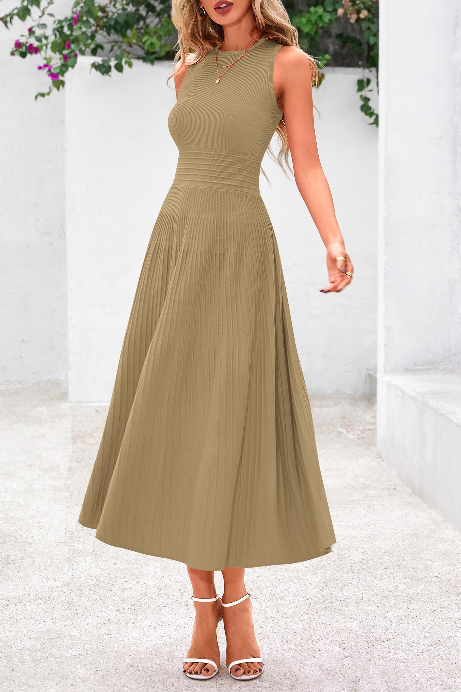 Women's Summer Pleated Midi Work Dress,Camel,S