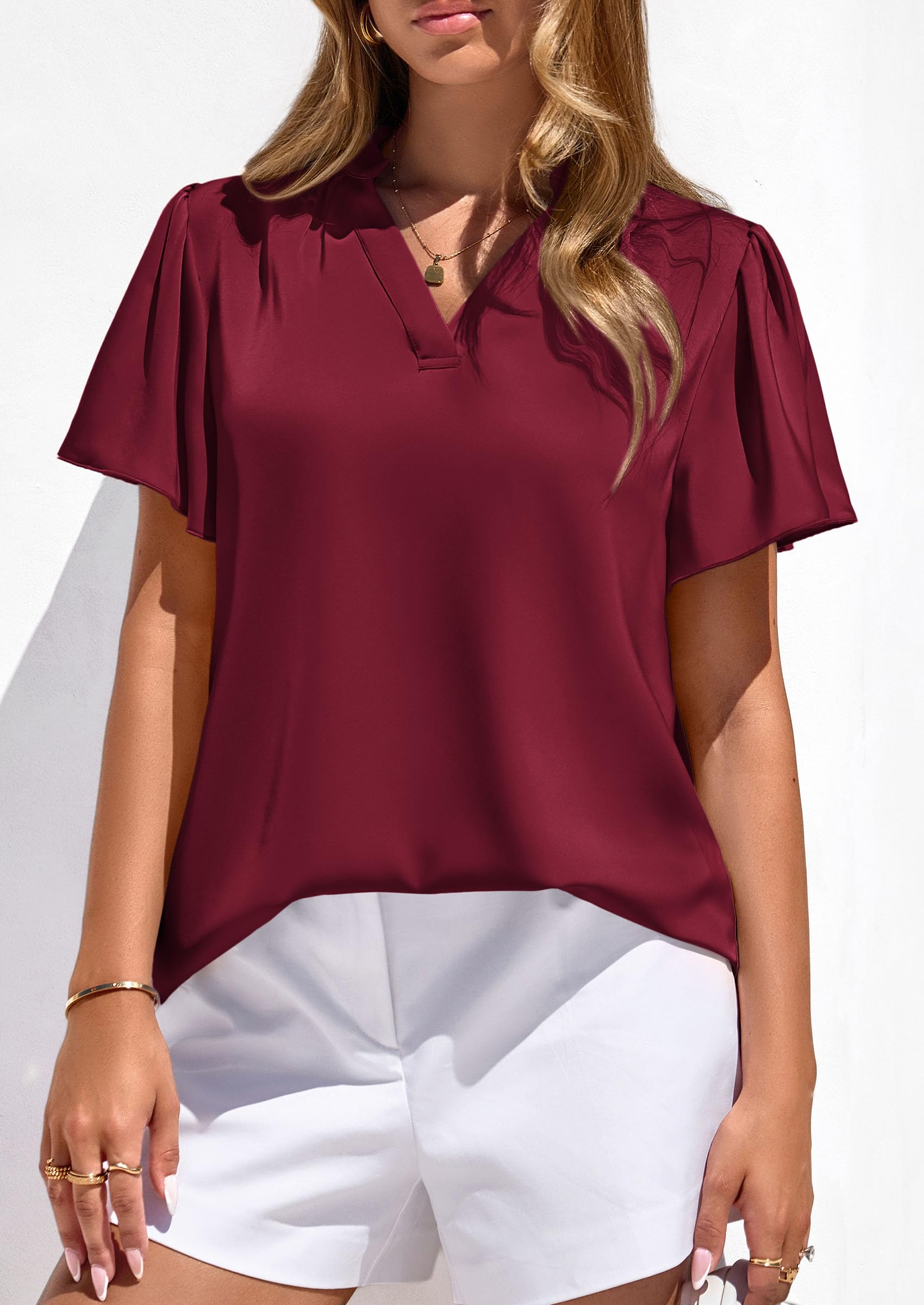 Women's Summer Satin Dressy Casual Blouses (Burgundy,M)