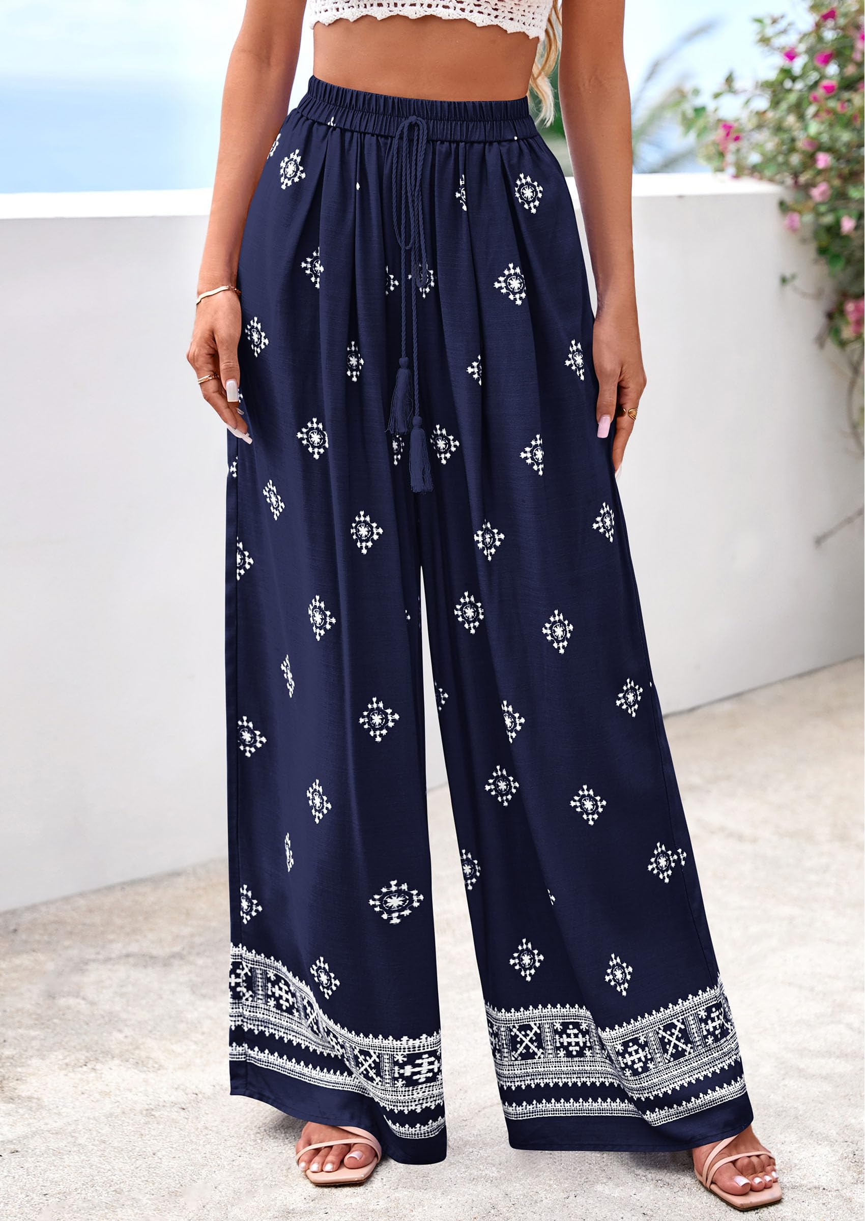 Wide Leg Flowy Boho Pants for Women, Navy Blue,S
