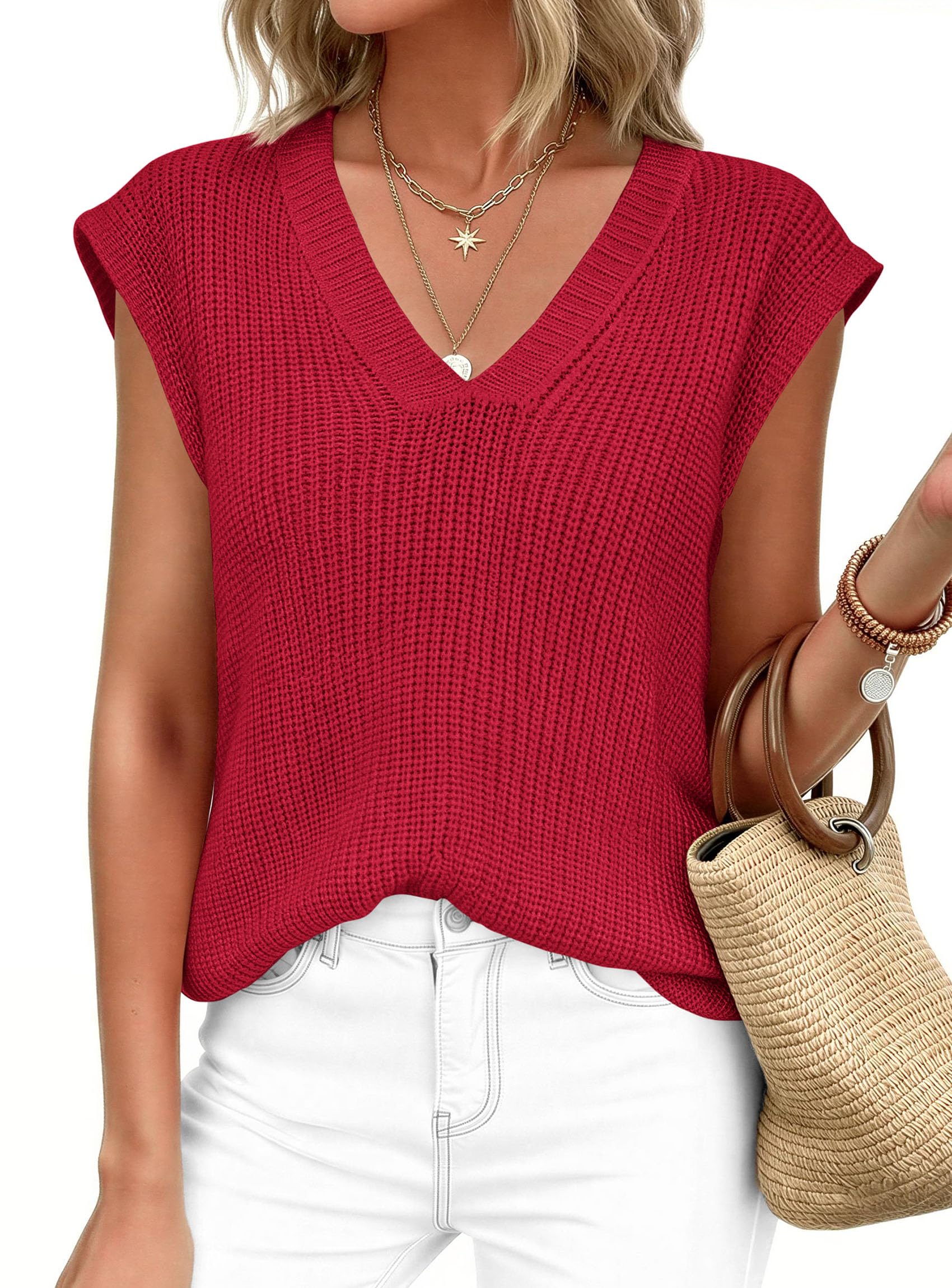 Women's Cap Sleeve Sweaters Vest Summer Tops (Red,S)