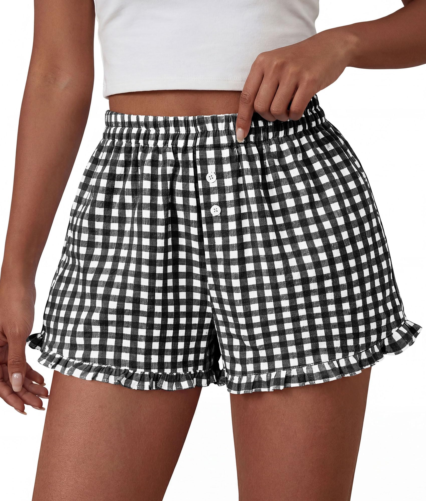 Womens Boxer Shorts Striped Gingham Ruffle Pajama Bottoms