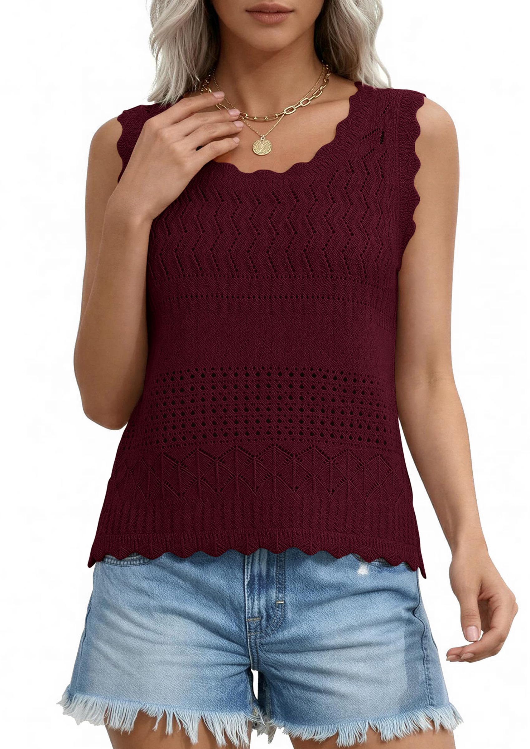 Womens Crochet Tank Tops Knit Sleeveless Vest,Wine Red,S