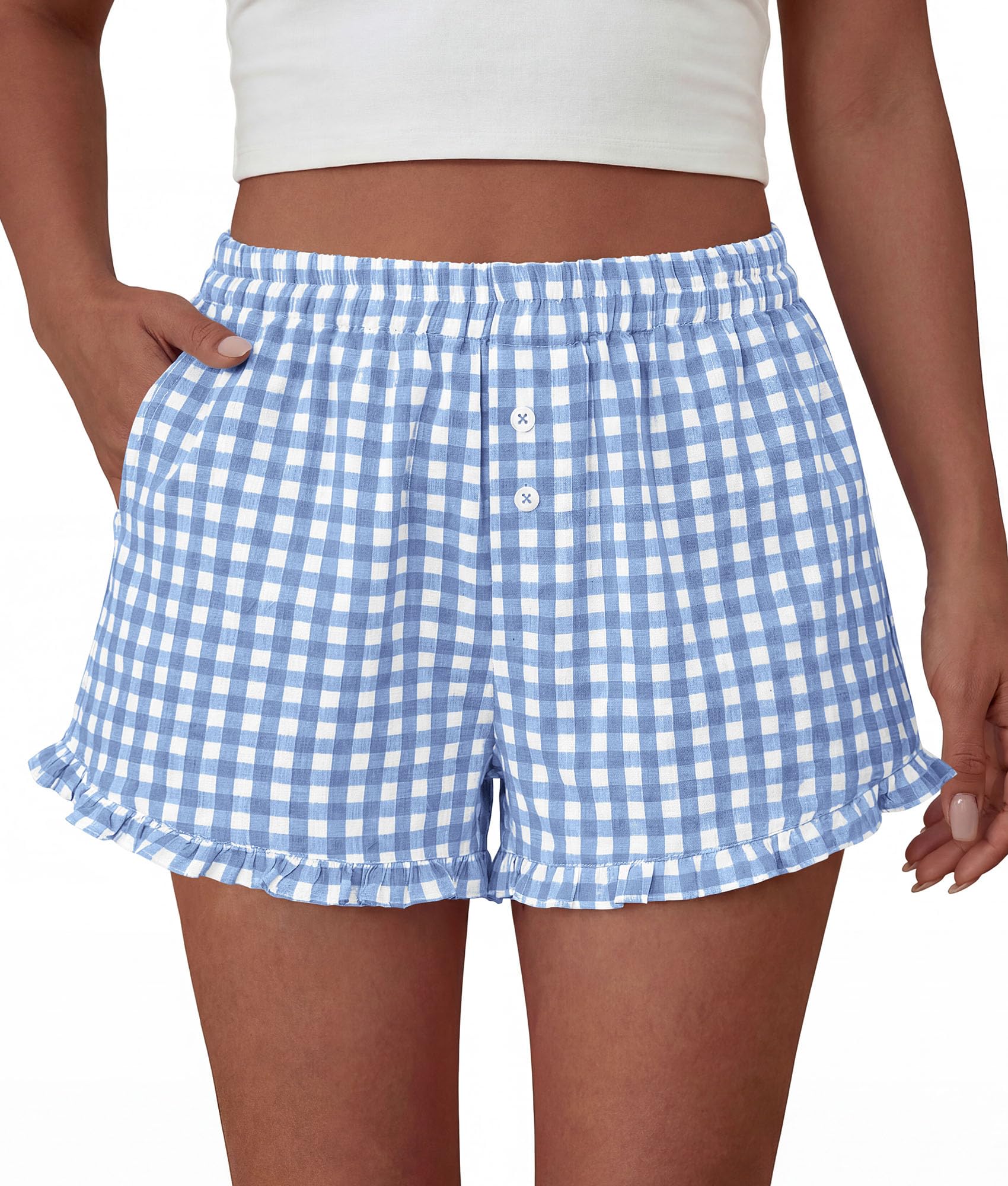Womens Boxer Shorts Striped Gingham Ruffle Pajama Bottoms