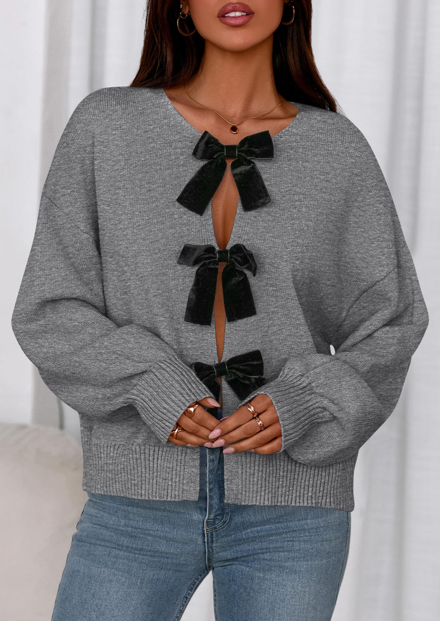 Women's Fall Bow Tie Front Cardigan Sweaters,Grey,S