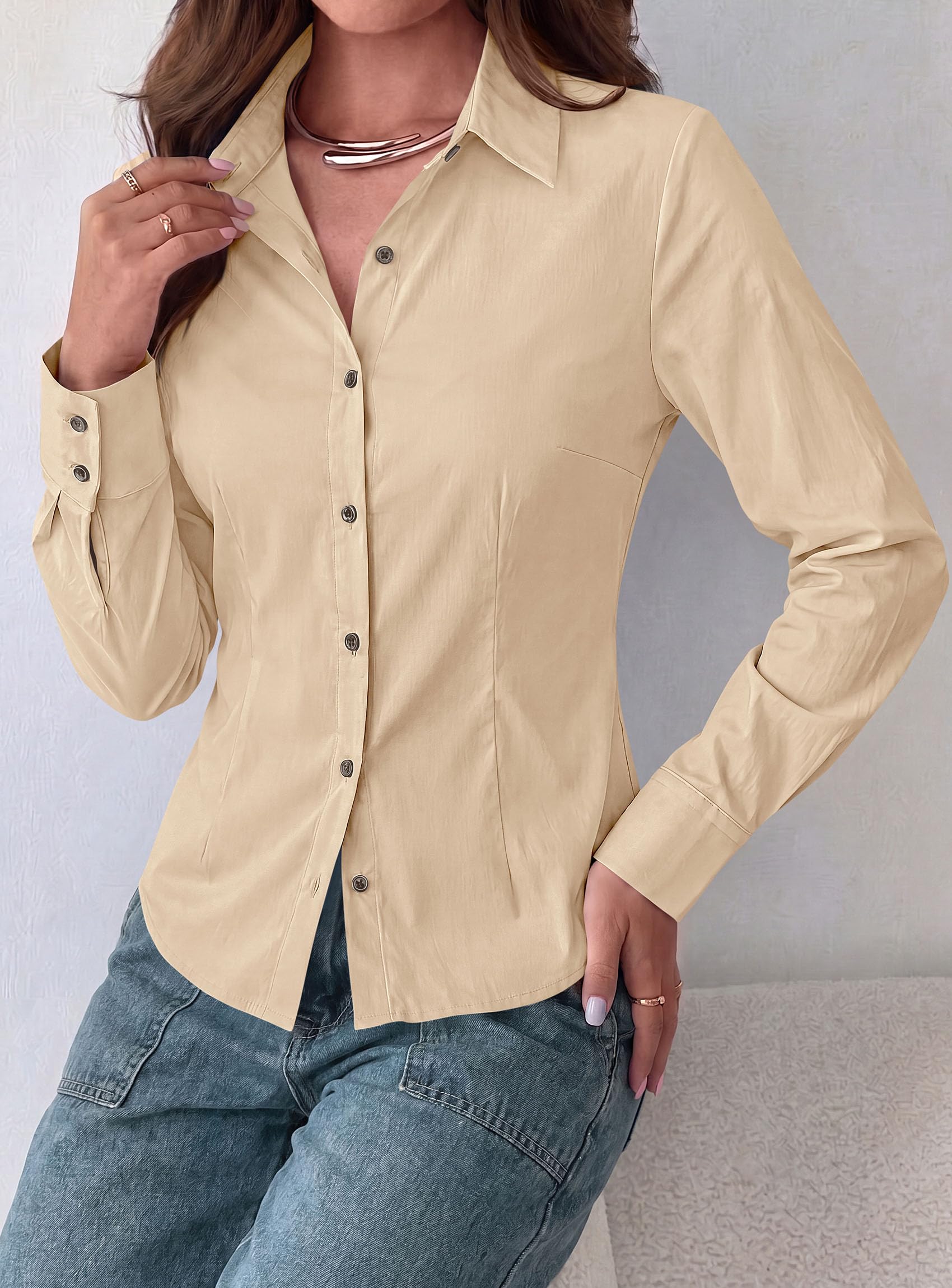 Womens Button Down Shirts Long Sleeve Blouse (Light Khaki,S)