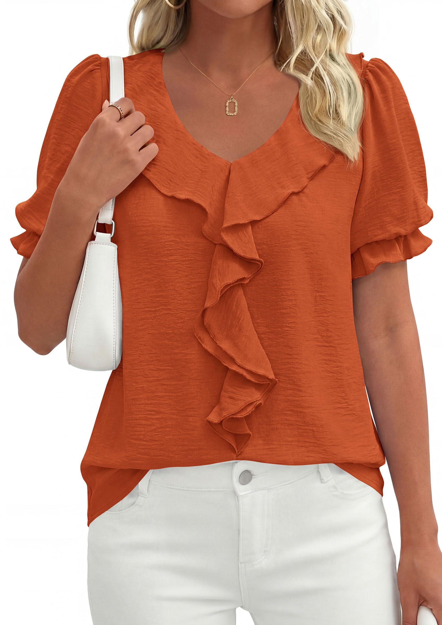 Women's Summer Ruffle Dressy Casual Blouses (Brown Orange,S)