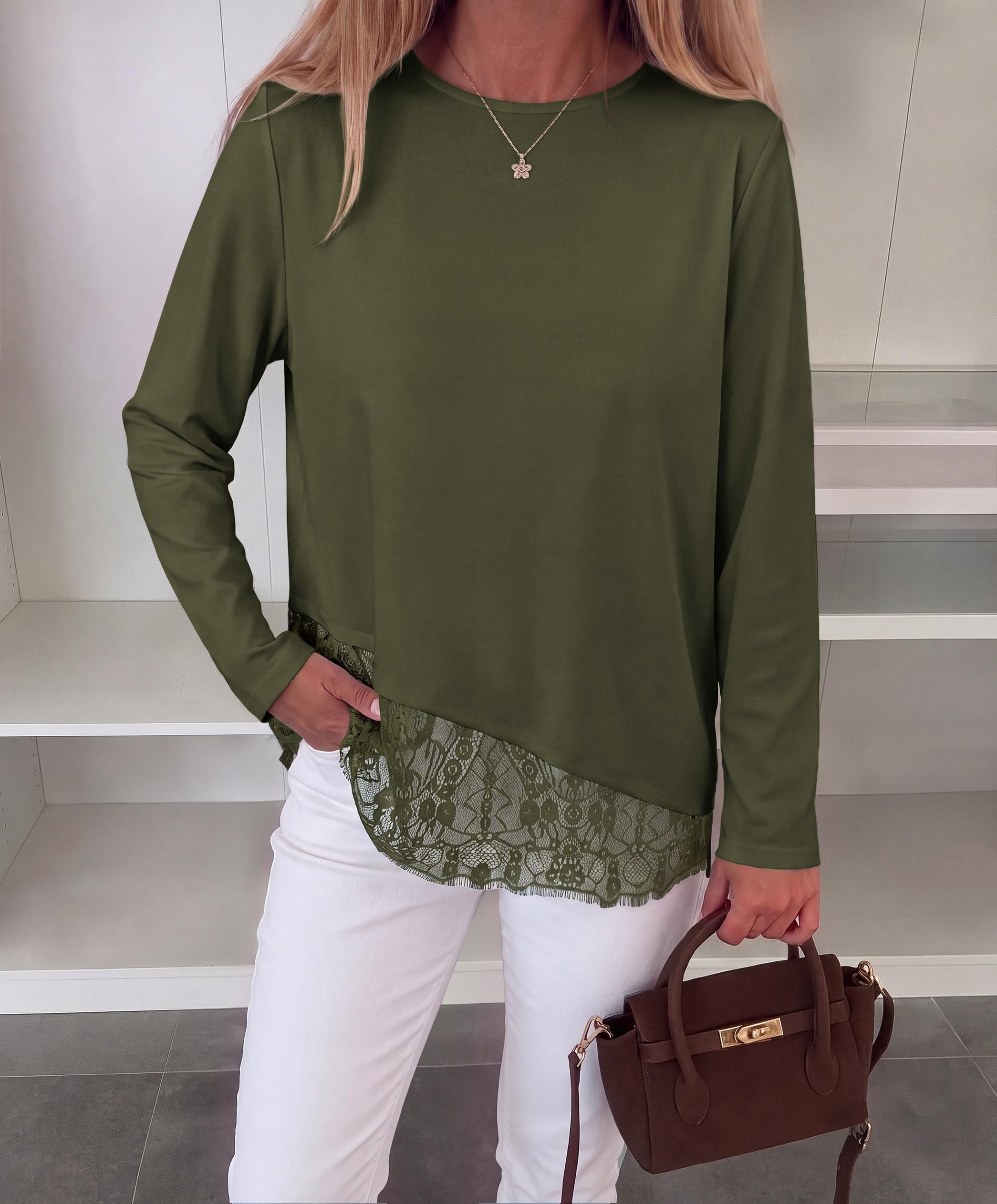 Women's Lace Patchwork Long Sleeve Shirts,Army Green,S