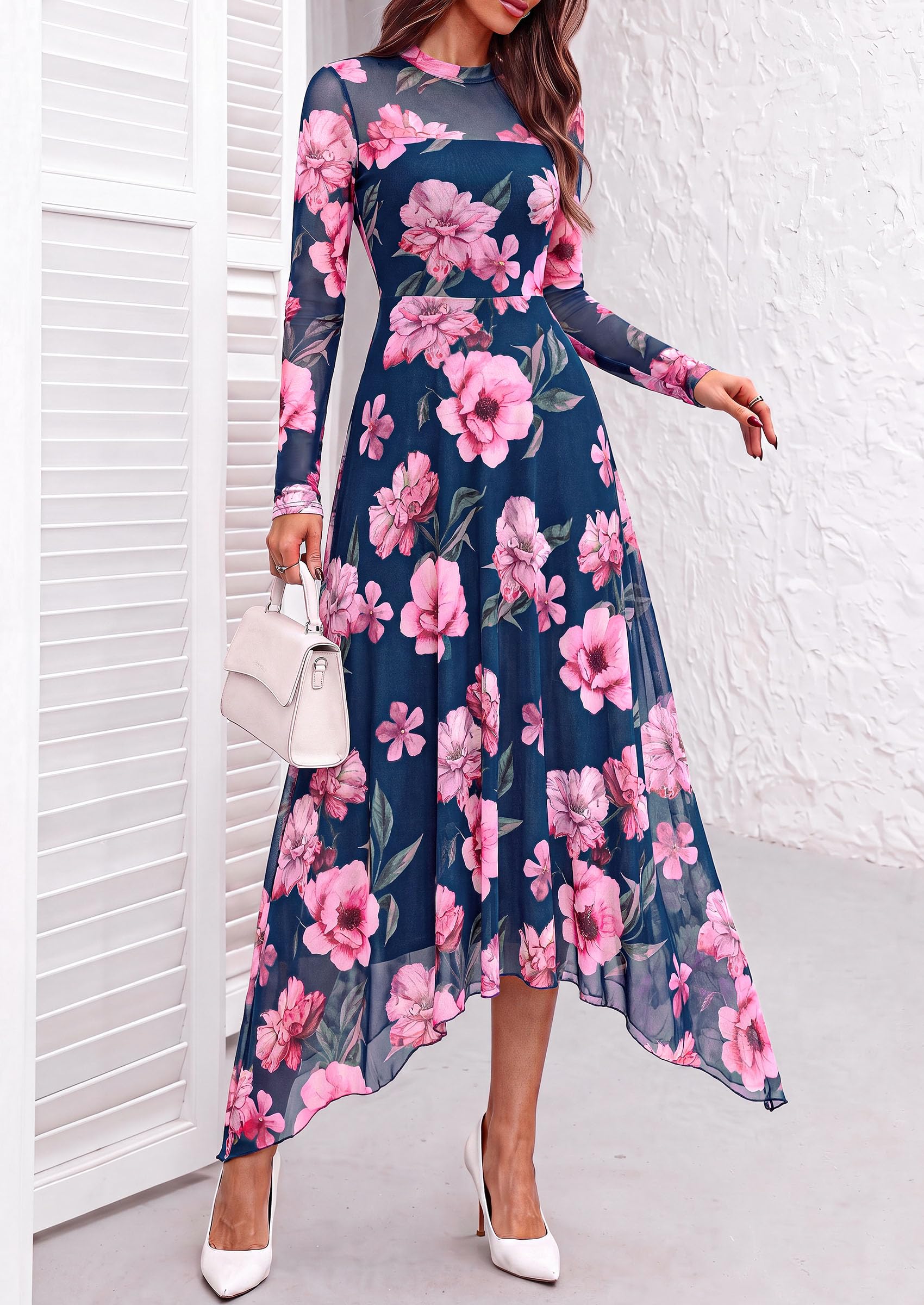 Women's Floral Mesh Midi Dress,Floral Blue Pink,S