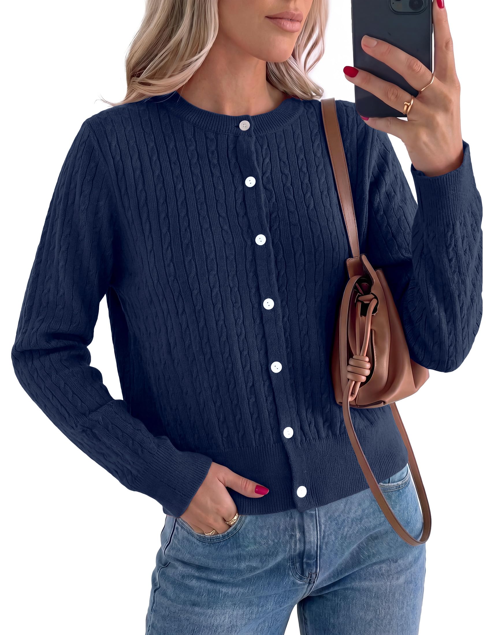 Women Fall Lightweight Cardigans Button Up Cable Knit Sweaters