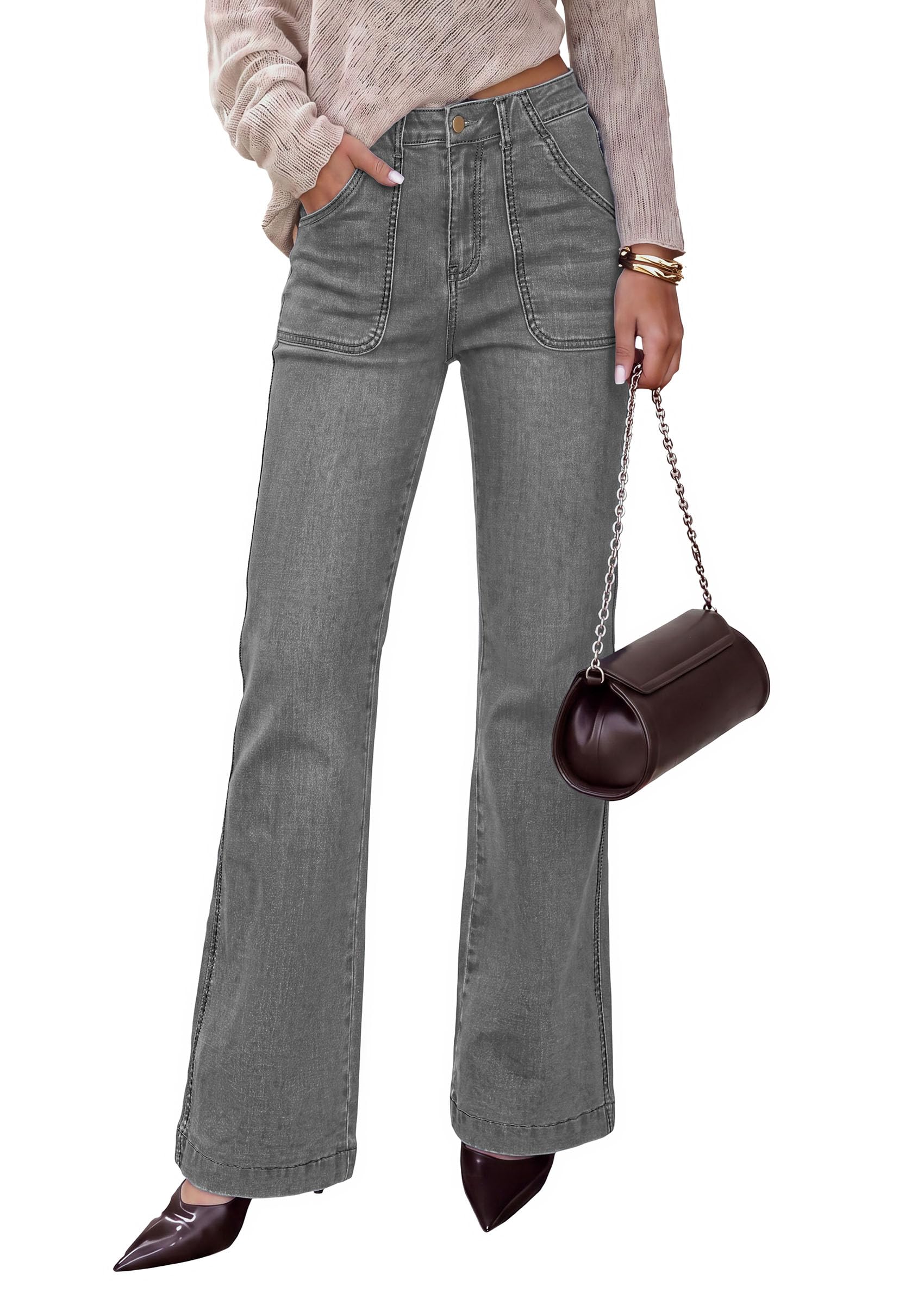 Womens High Waisted Wide Leg Jeans Demin Pants Grey