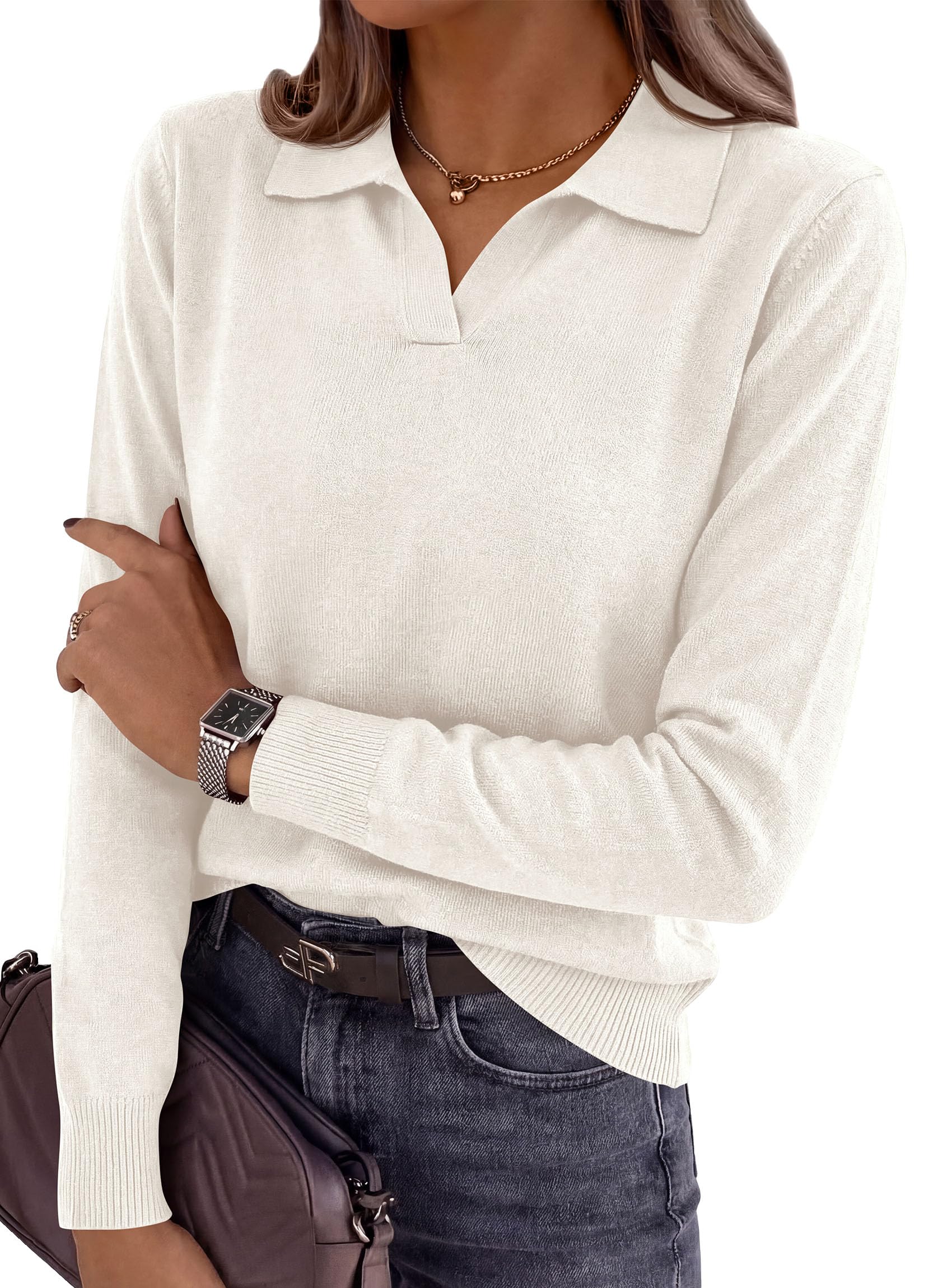 Womens Long Sleeve Collared Polo Sweater,White,M