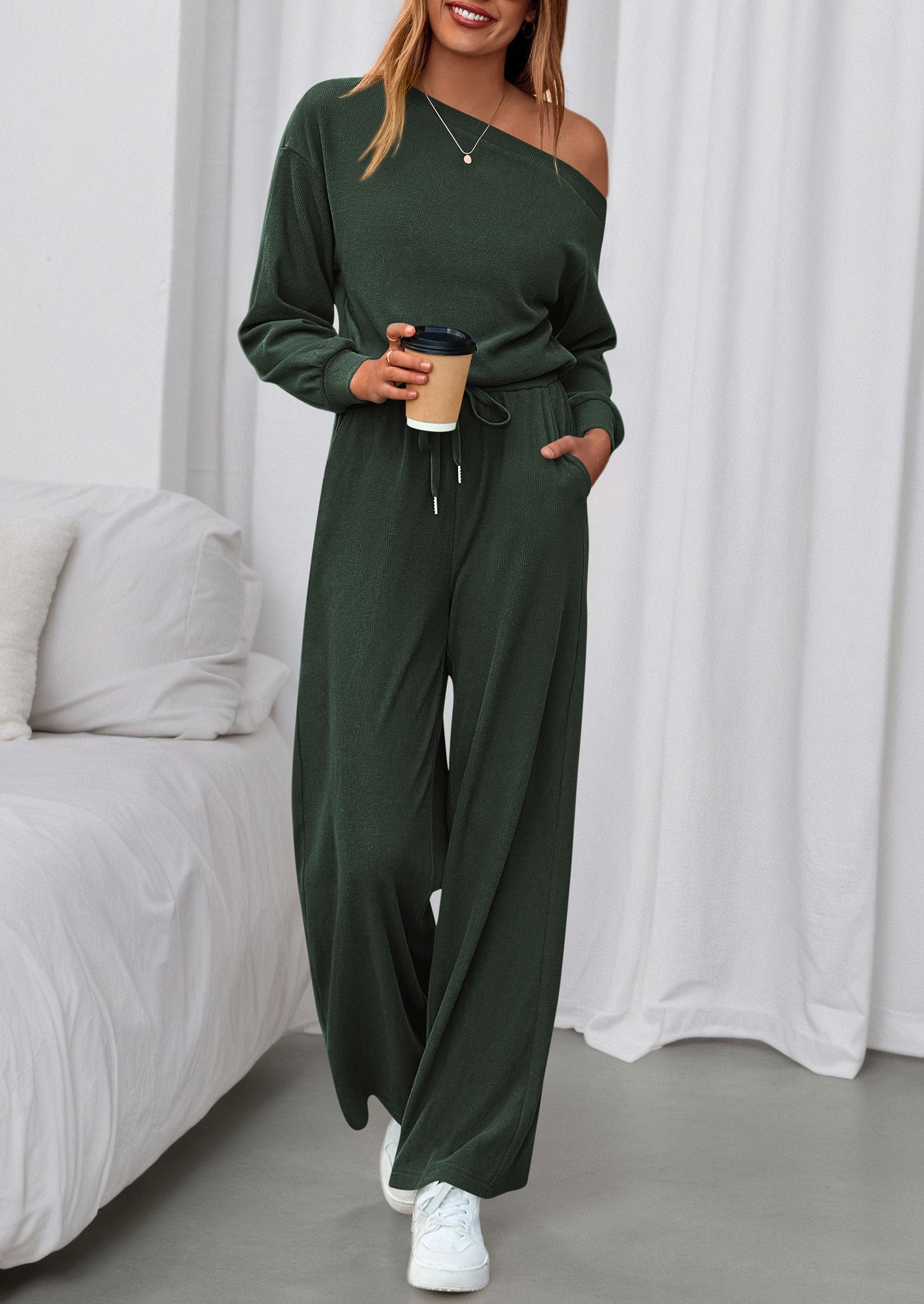 Womens Off Shoulder Long Sleeve Jumpsuit,Dark Army Green,S
