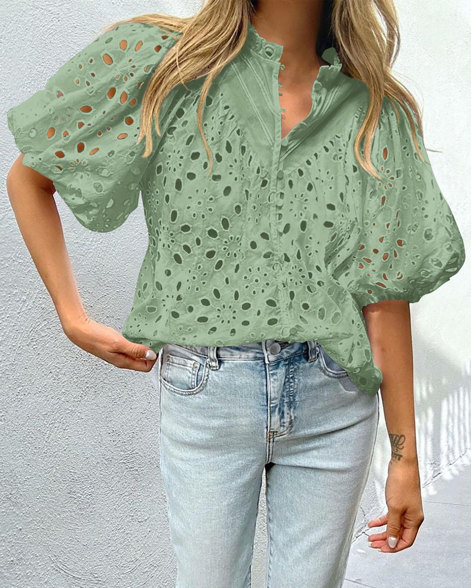 Womens Tops Boho Eyelet Puff Sleeve Blouse, Sage Green,S