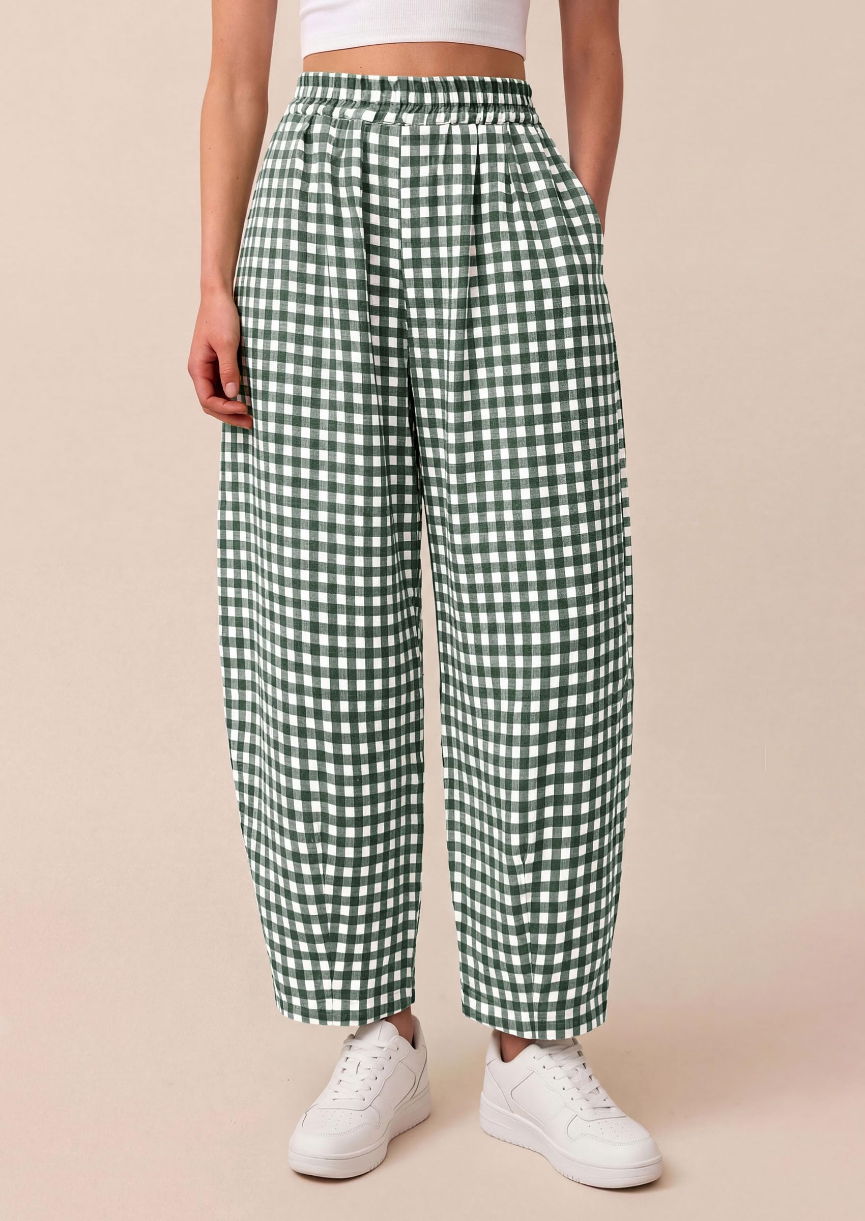 Plaid Barrel Pants Women Summer Bottoms, Dark Green Plaid,S
