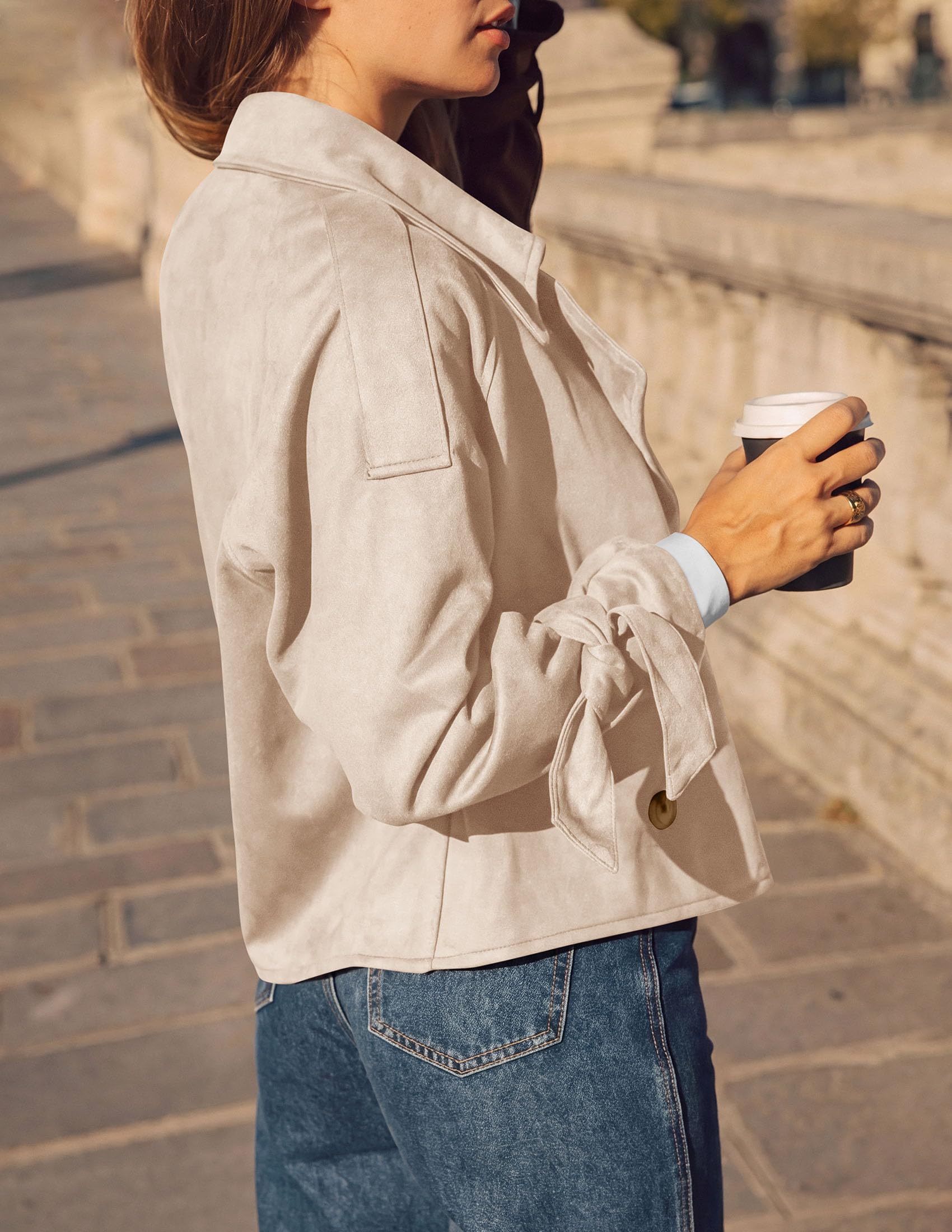 Women Faux Suede Double Breasted Trench Coat Cropped Jackets