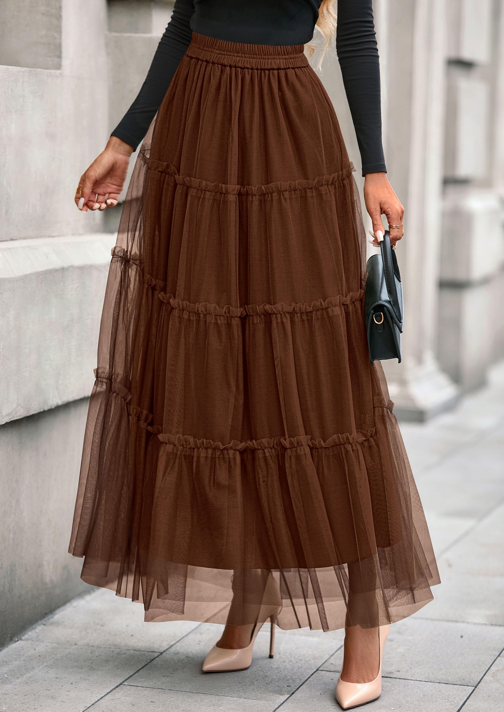 Women's Fall Soft Tulle Tiered Long Skirt,Brown,S