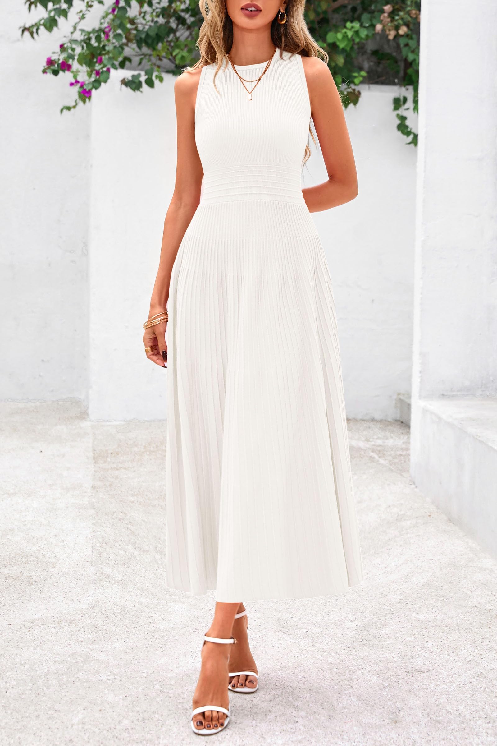 Women's Summer Pleated Midi Work Dress,White,S