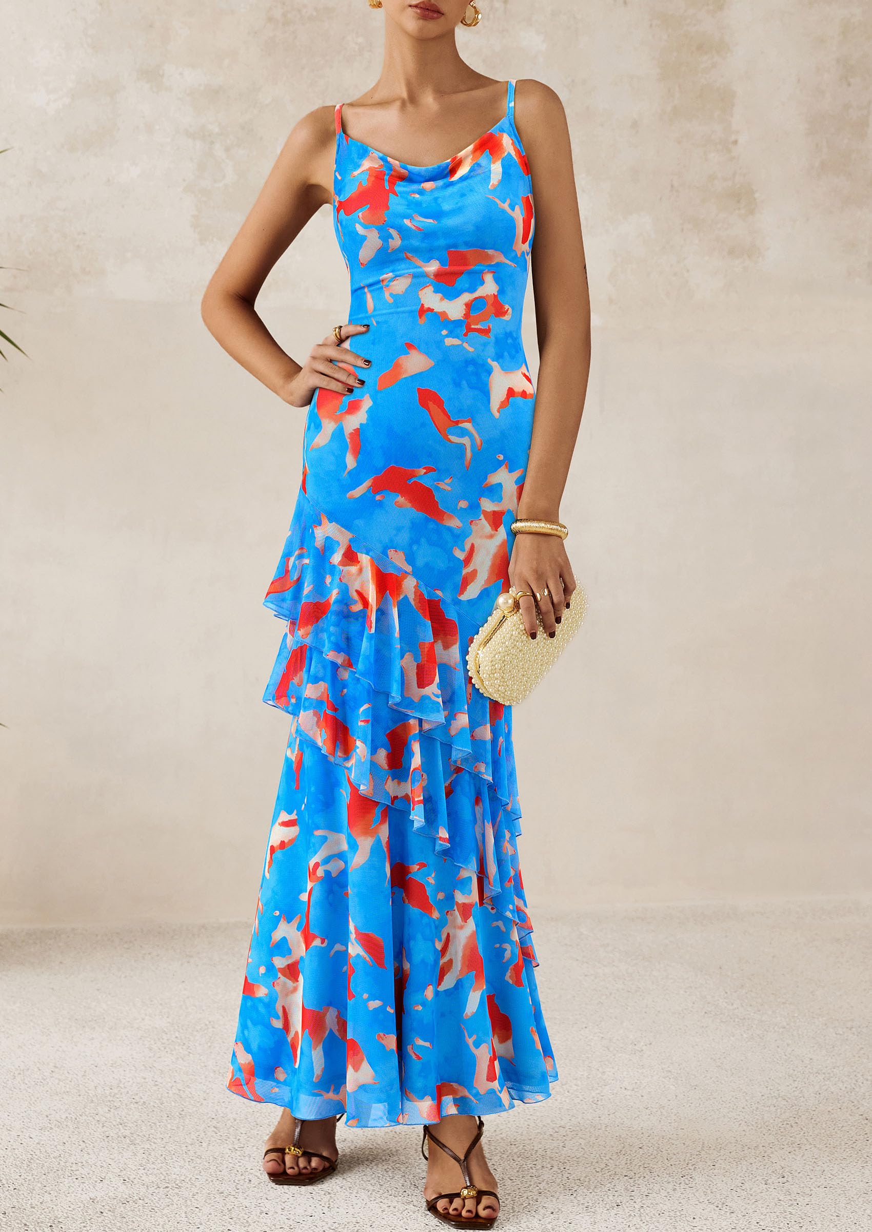 Women's Boho Floral Tiered Maxi Dress, Floral Light Blue,XS