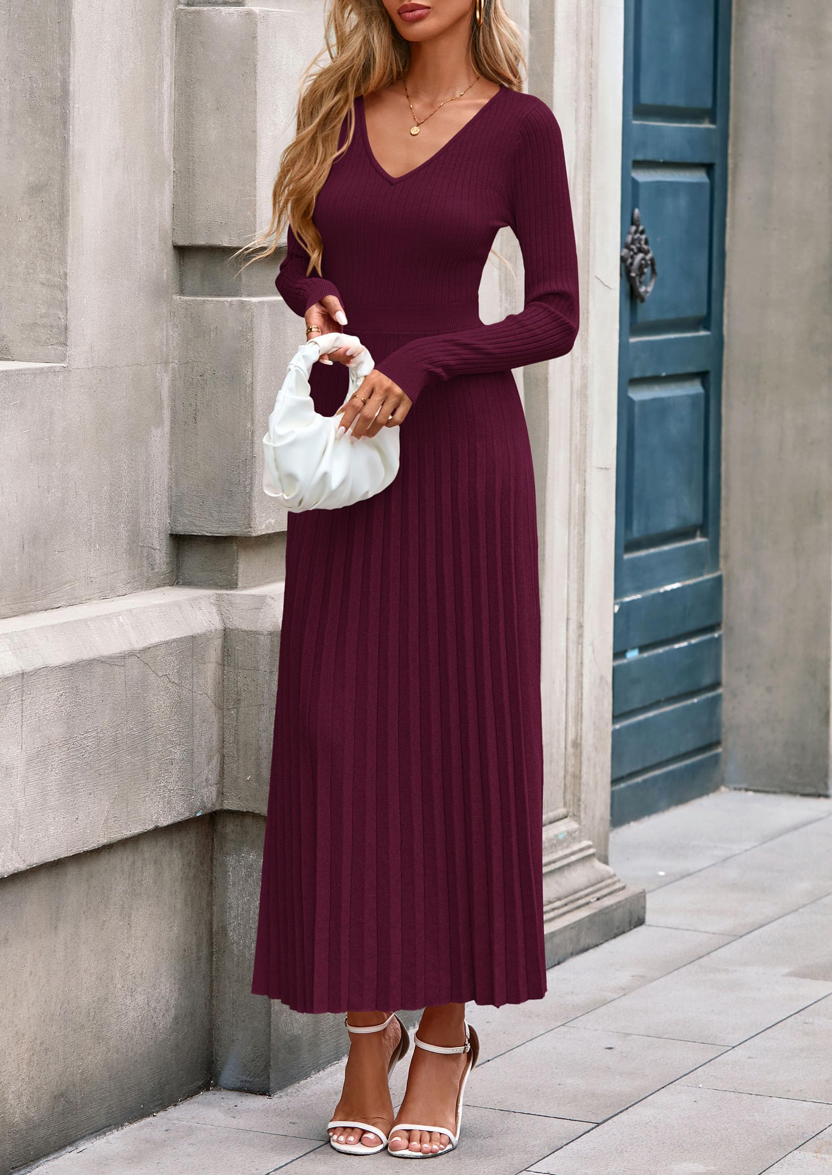 Sweater Dress Women Long Sleeve Maxi Flowy Pleated Dresses