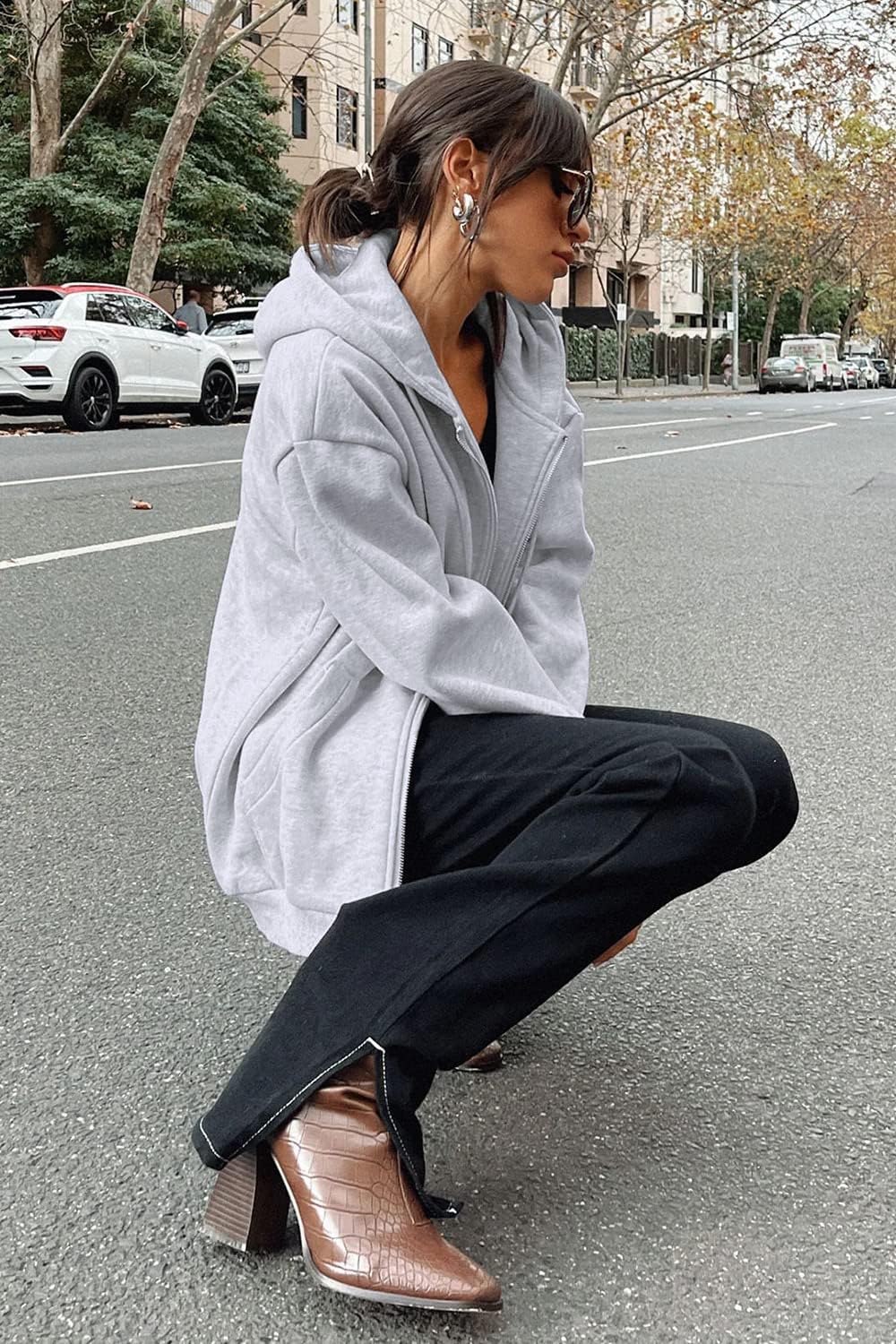 Women's Fall Zip Up Hoodies Sweatshirts Grey
