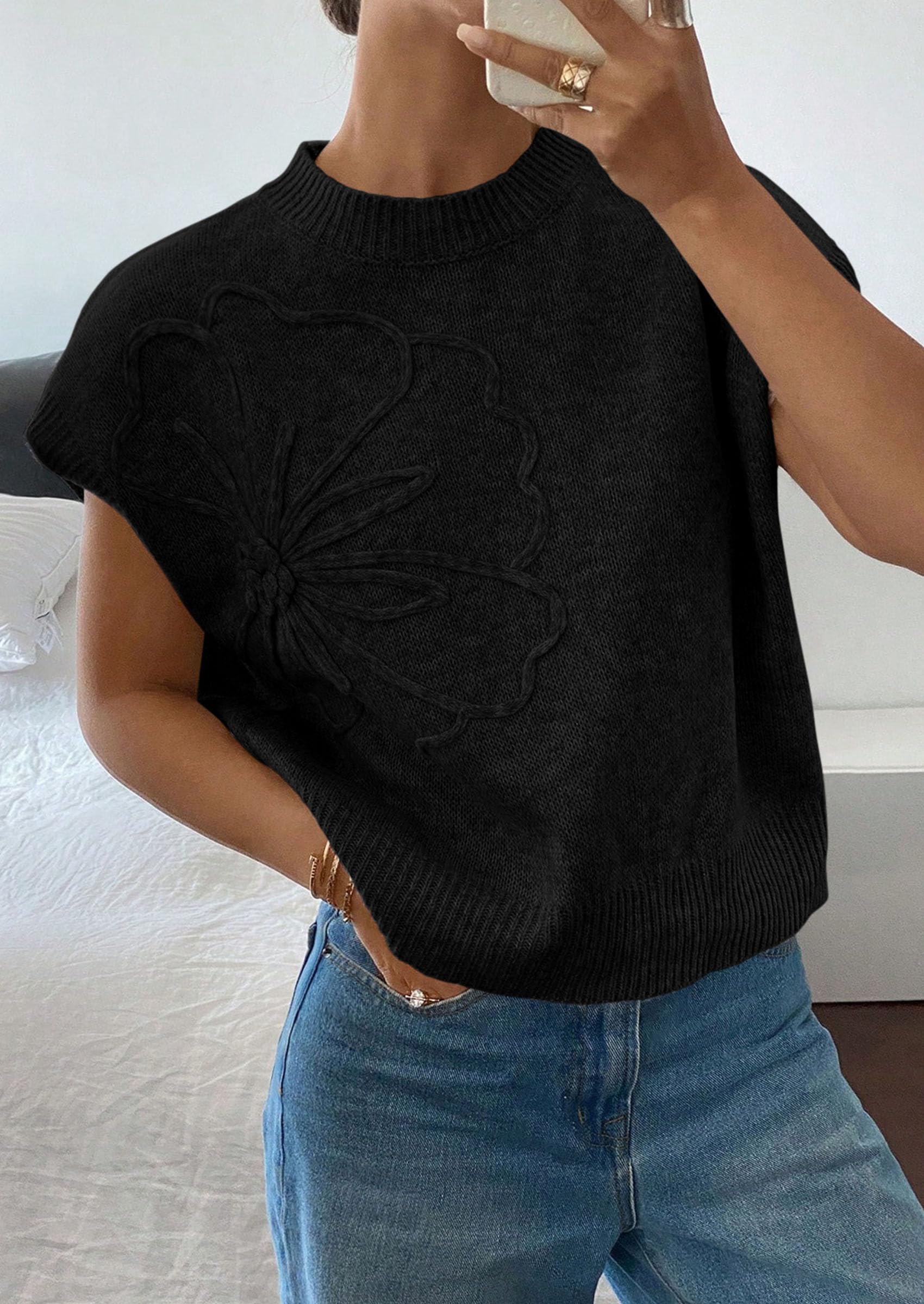 Women's Summer Short Cap Sleeve Sweater Vest (Black,S)
