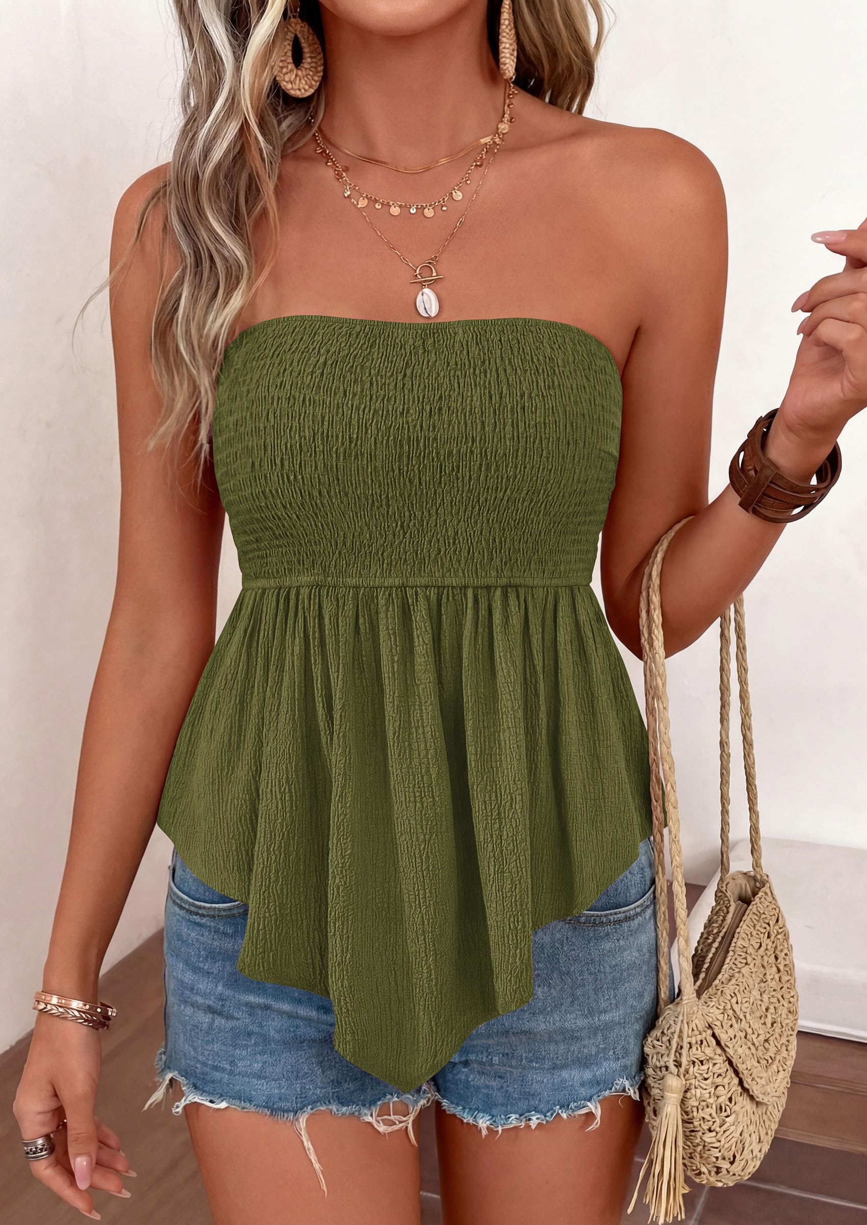 Women's Strapless Smocked Peplum Tube Top, Army Green,S