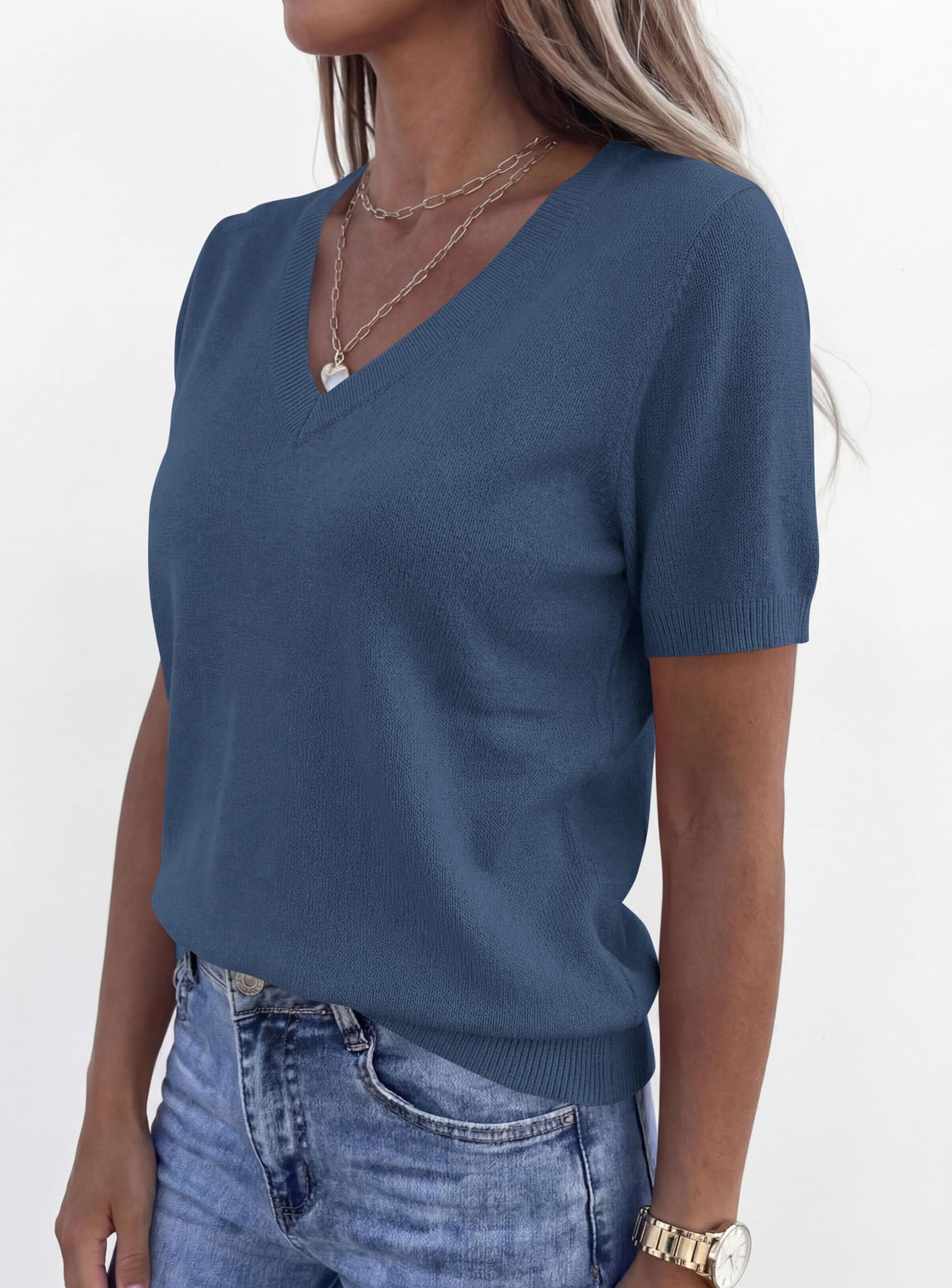 Womens Short Sleeve Sweater V Neck Tops,Grey Blue,S