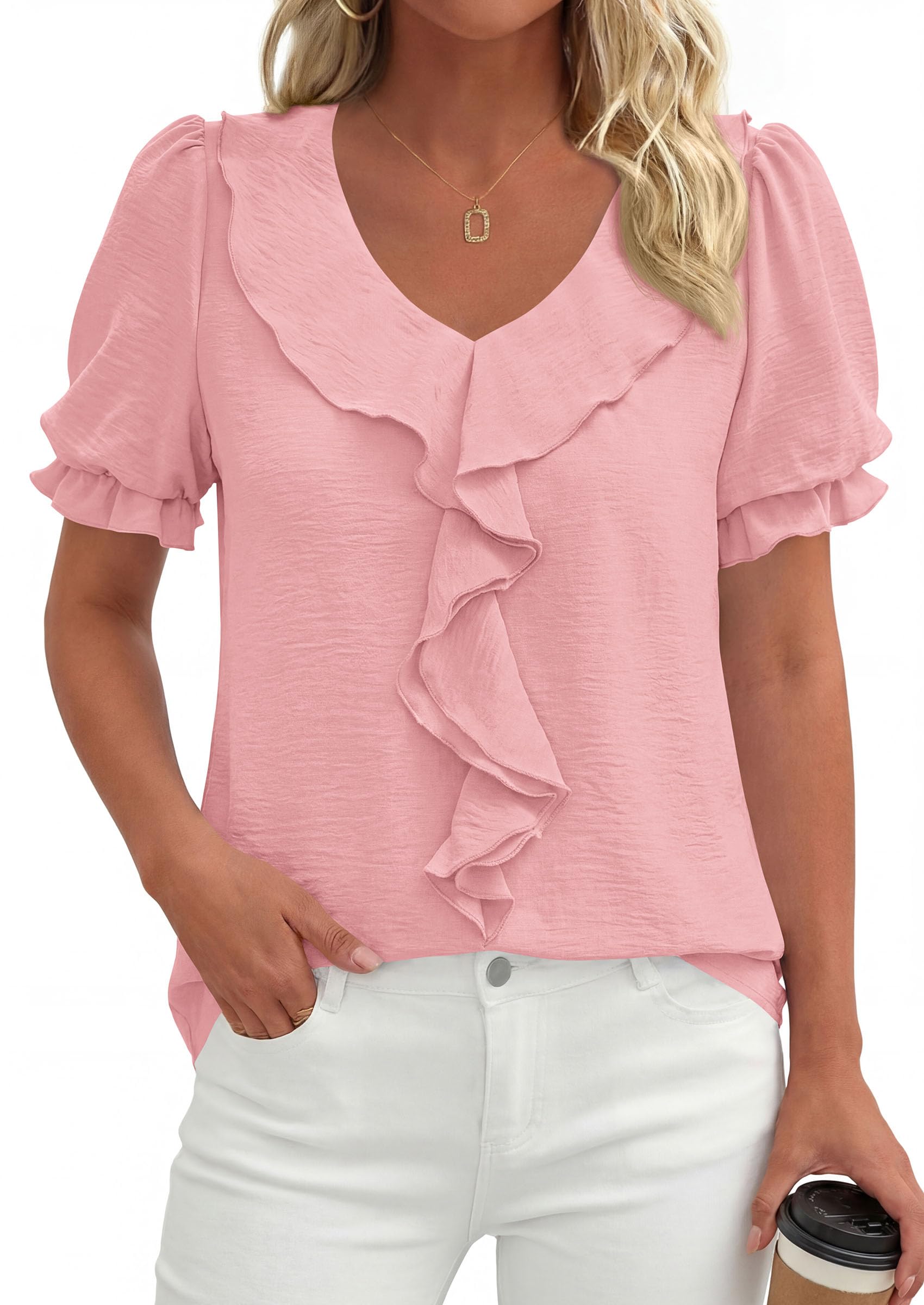 Women's Summer Ruffle Dressy Casual Blouses (Pink,S)
