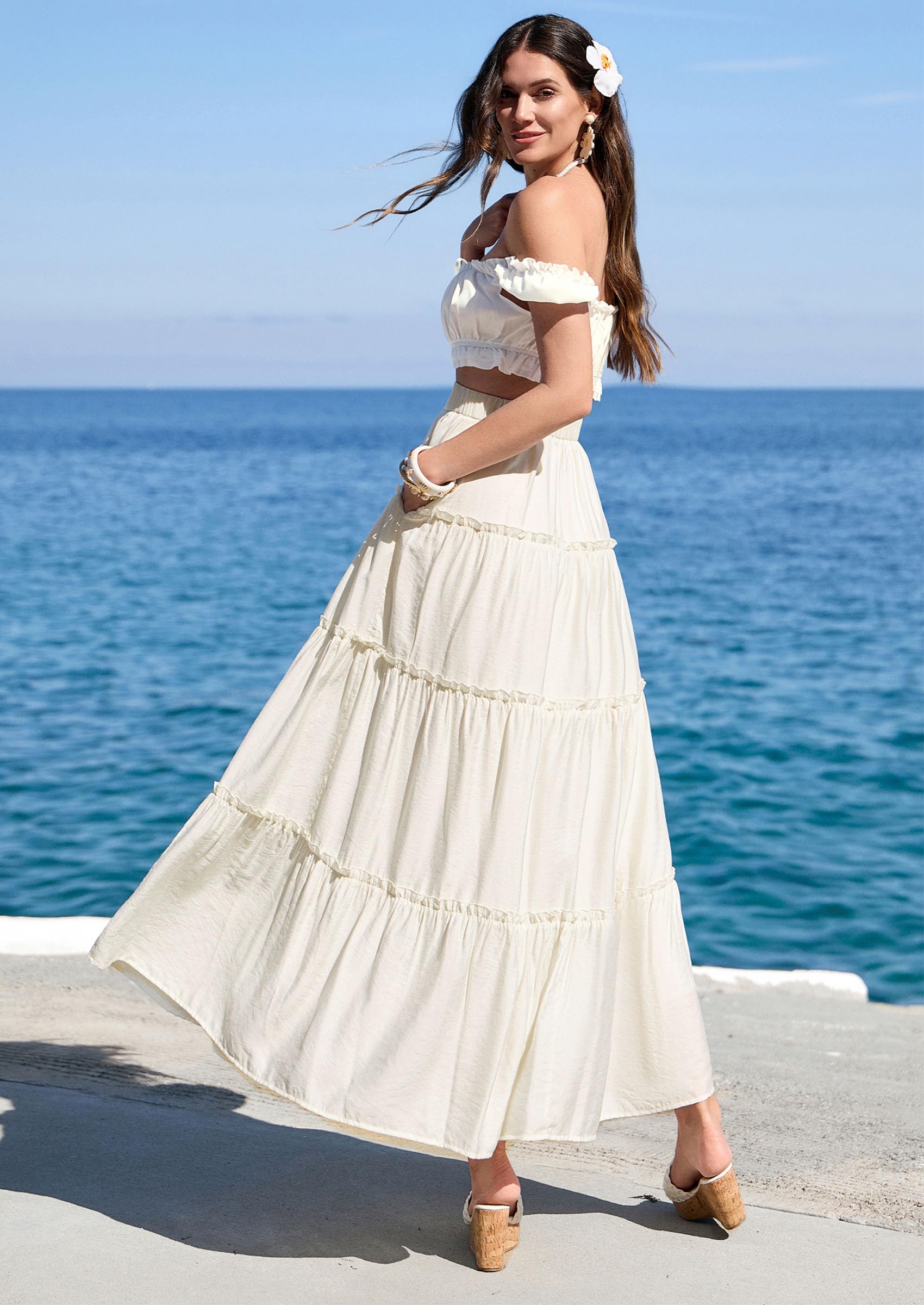 Women's Boho Tiered Ruffle Flowy Maxi Skirt, Beige,S