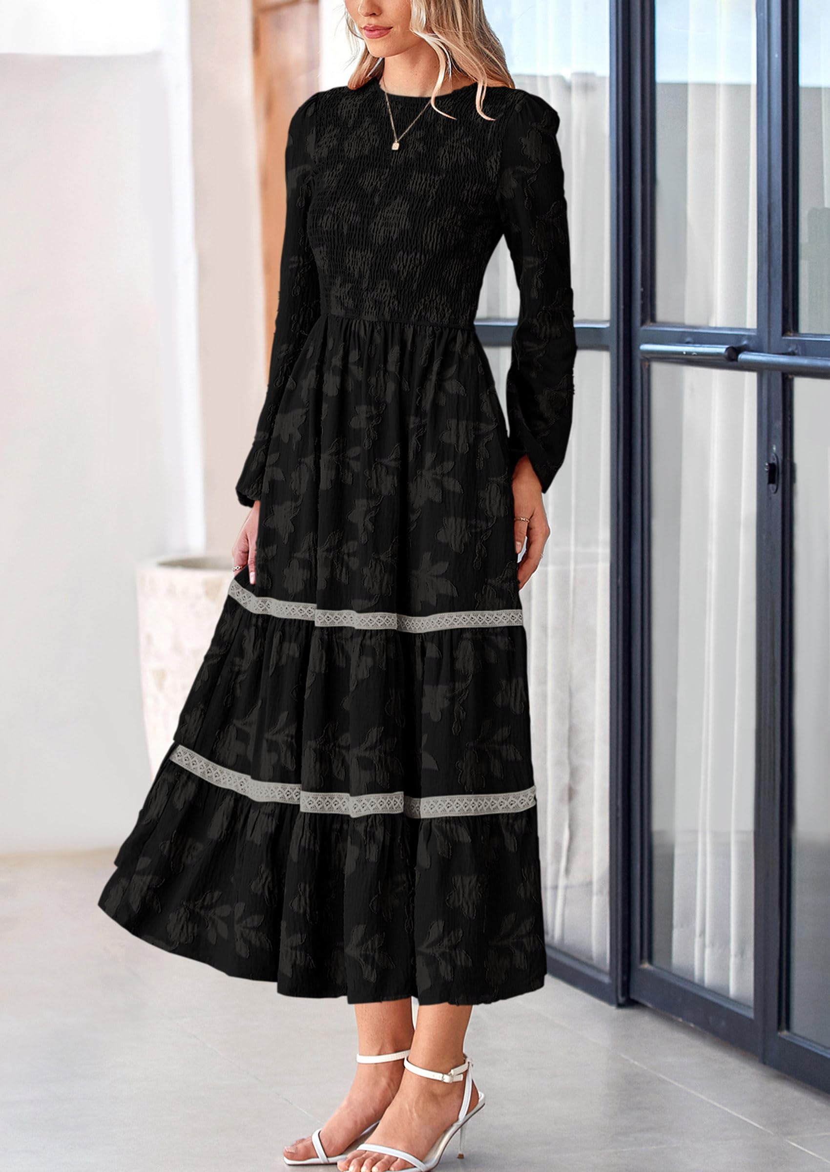 Women's Long Sleeve Boho Floral Midi Dress, Black,S