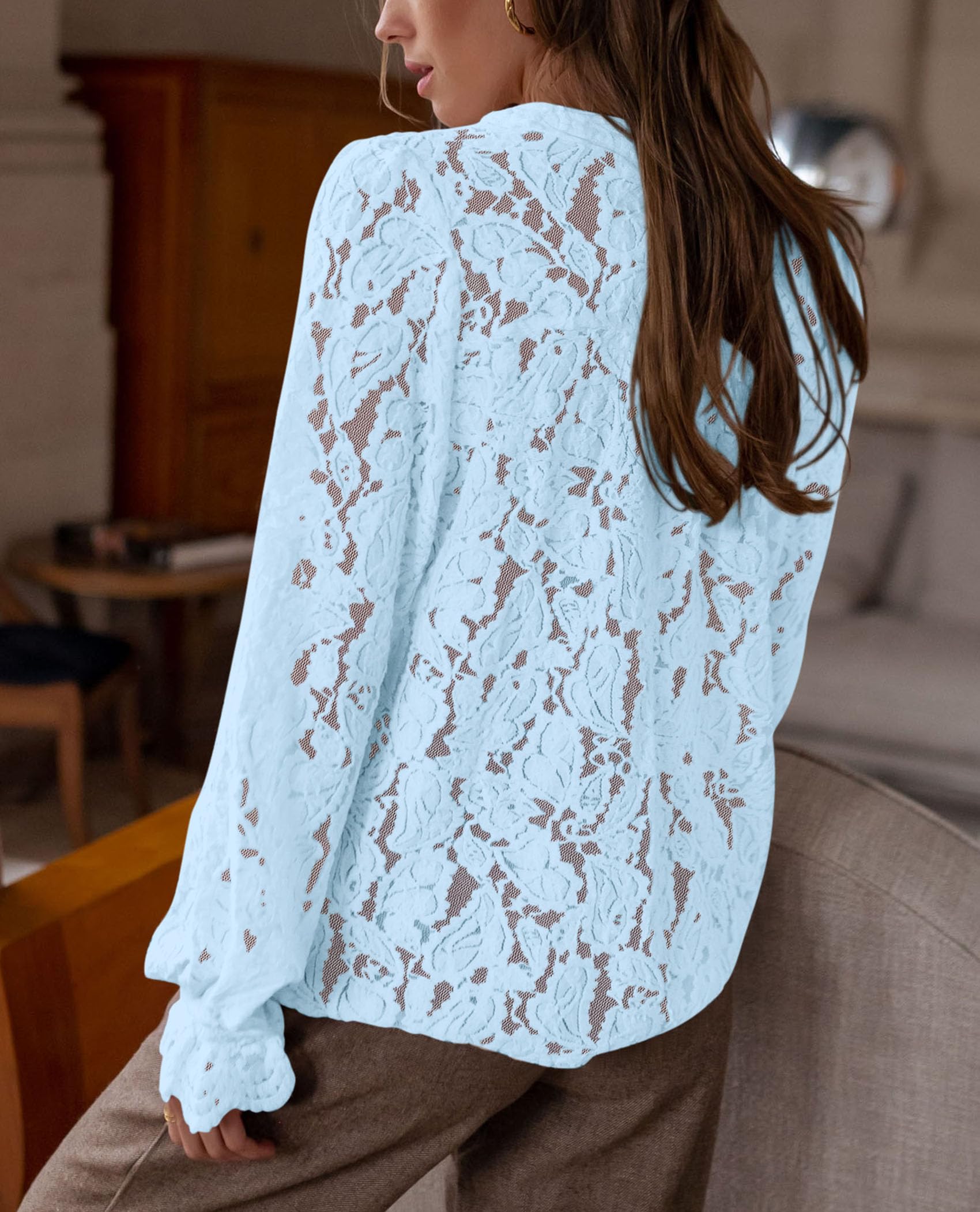 Women's Fall Trendy Long Sleeve Lace Tops(Light Blue,Small)
