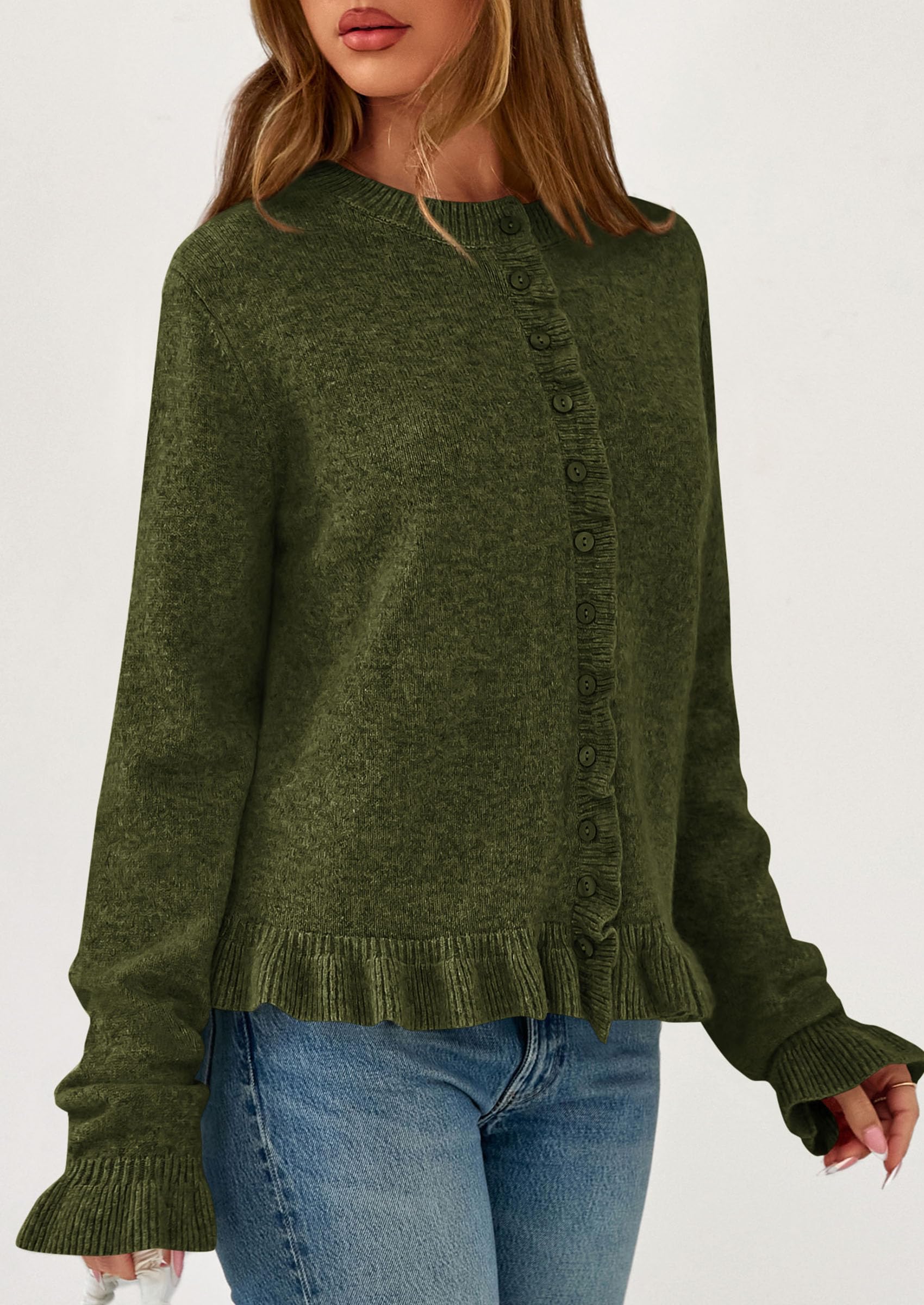 Womens Ruffle Button Down Cardigan Sweaters,Army Green,S
