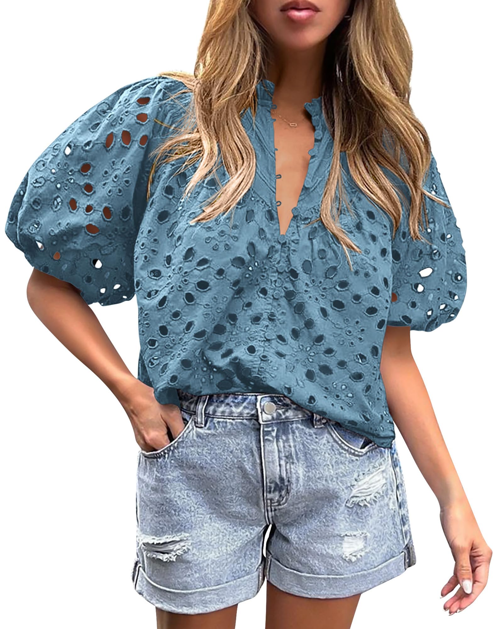 Womens Tops Boho Eyelet Puff Sleeve Blouse, Grey Blue,S