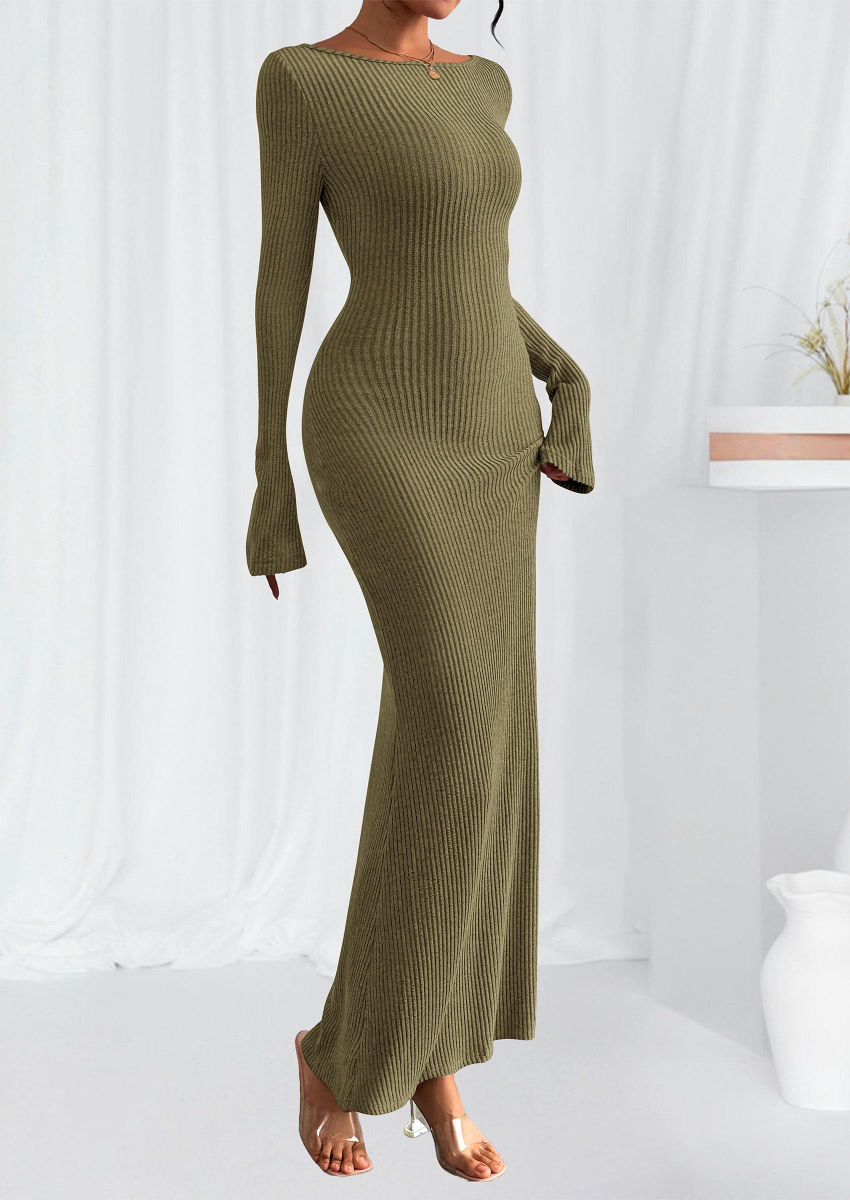 Women's Fall Long Sleeve Bodycon Maxi Dresses (Army Green,XS)