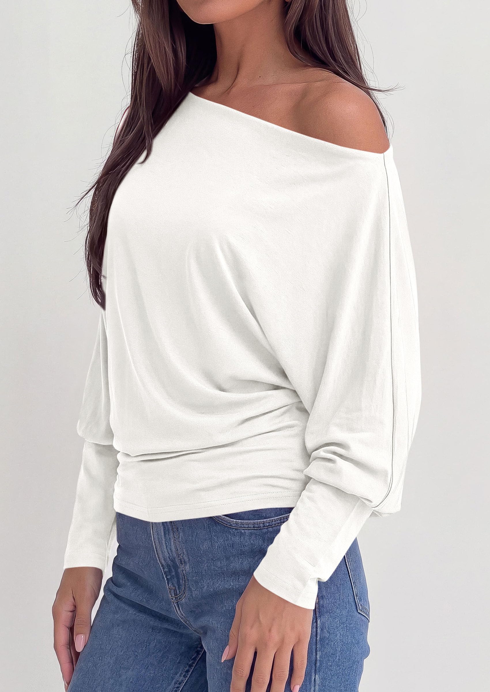 Womens Off The Shoulder Batwing Long Sleeve Top,White,S