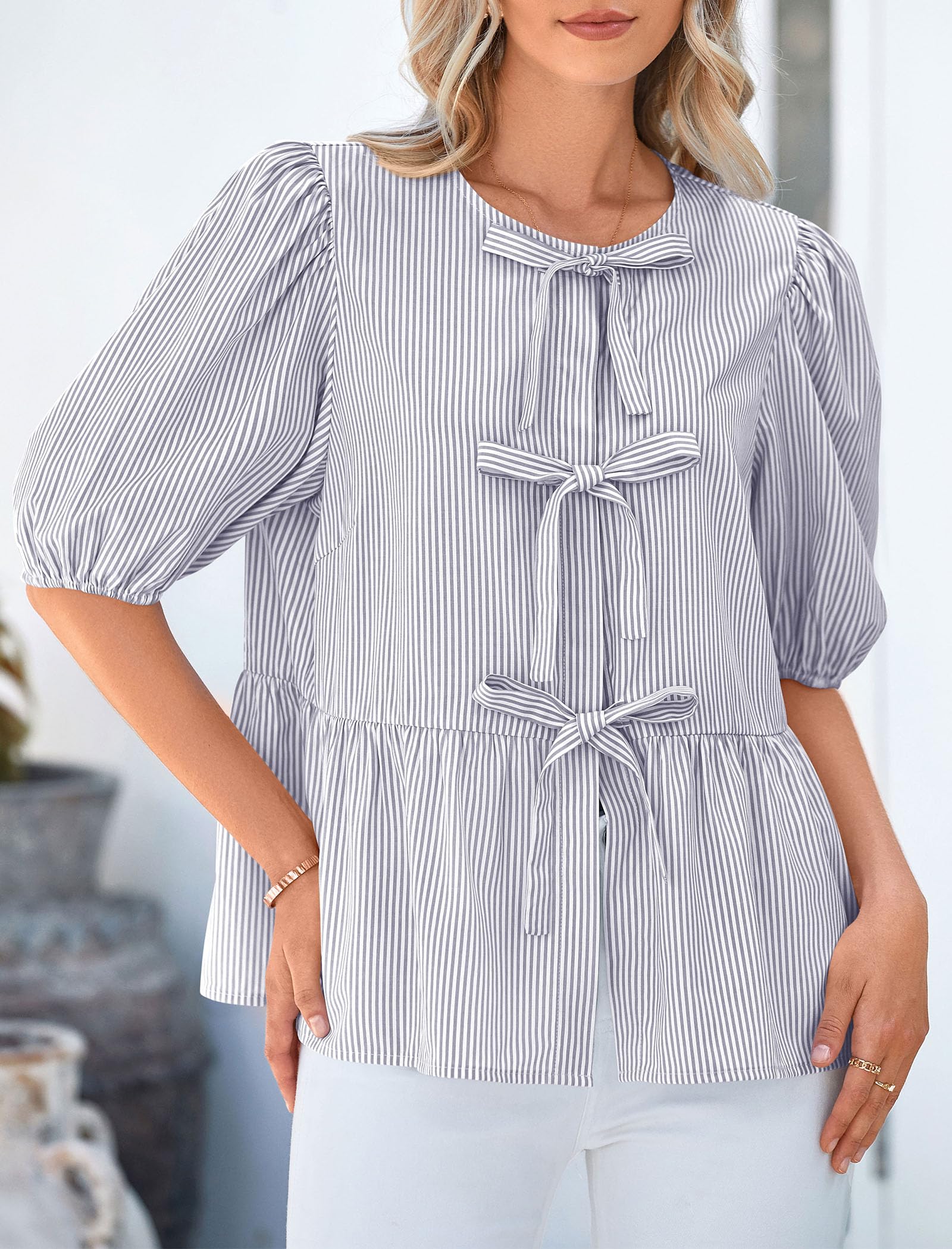 Women Striped Tie Front Babydoll Peplum Tops, Grey Blue,S