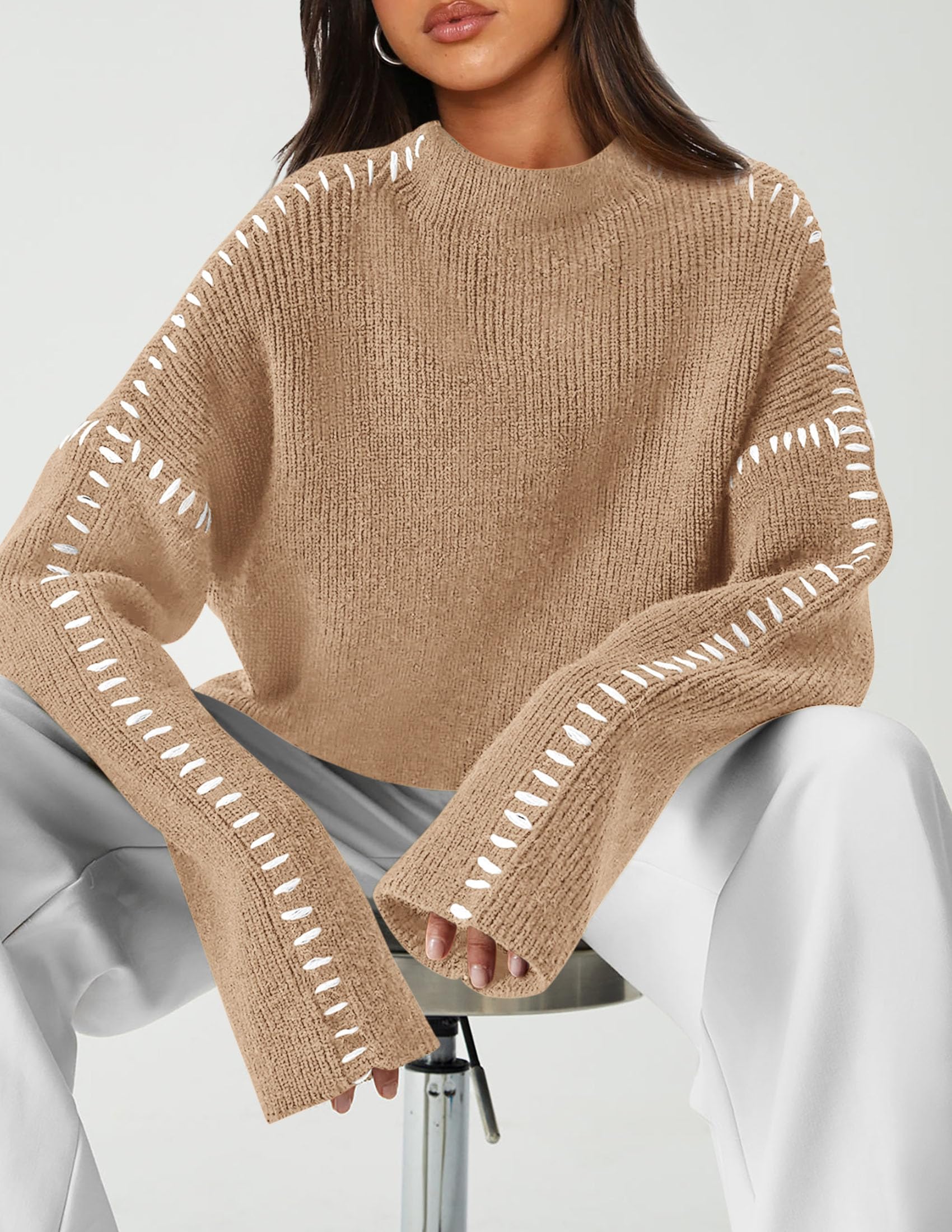 Womens Chunky Knit Oversized Pullover Sweaters,Light Khaki,S