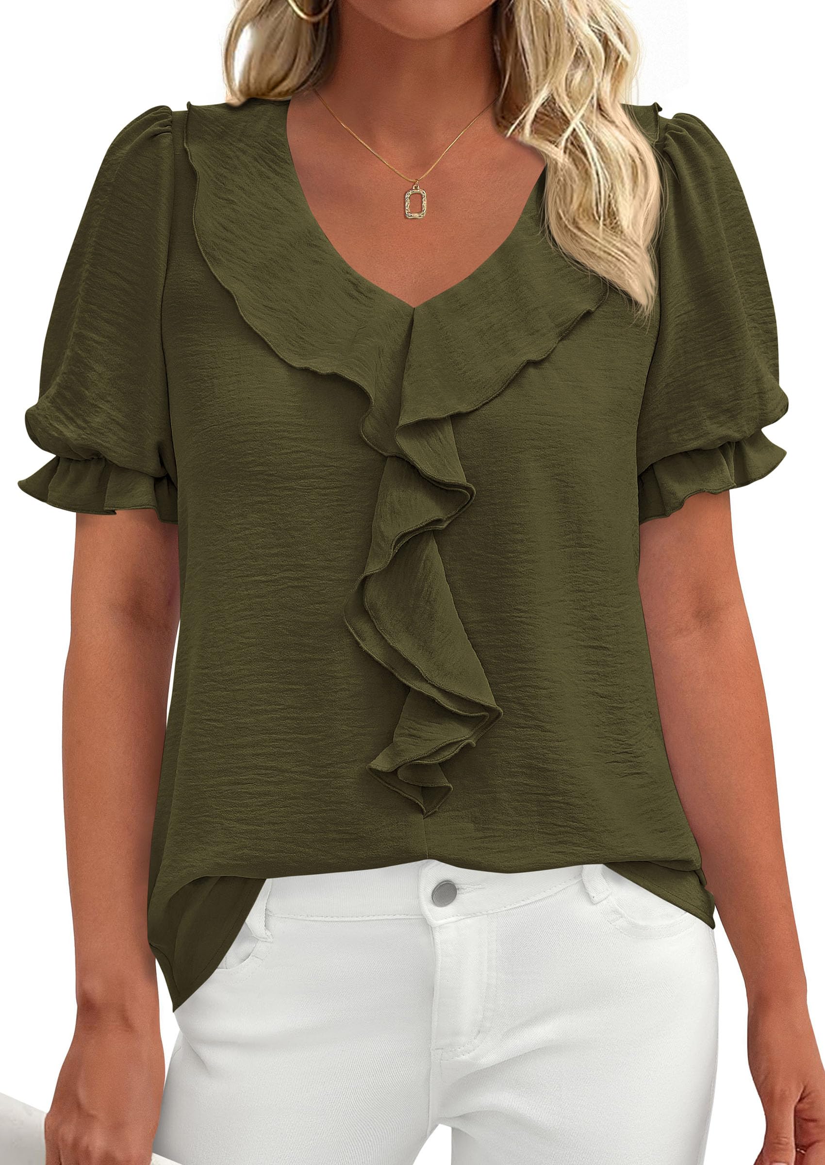Women's Summer Ruffle Dressy Casual Blouses (Army Green,S)