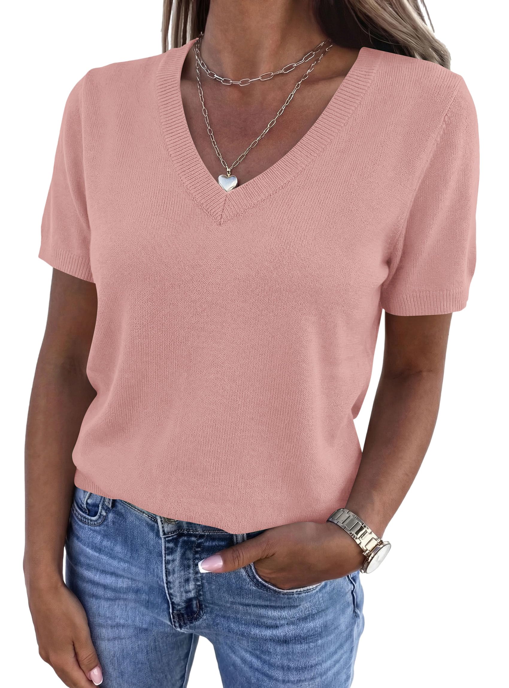 Womens Short Sleeve Sweater V Neck Tops,Dusty Pink,S
