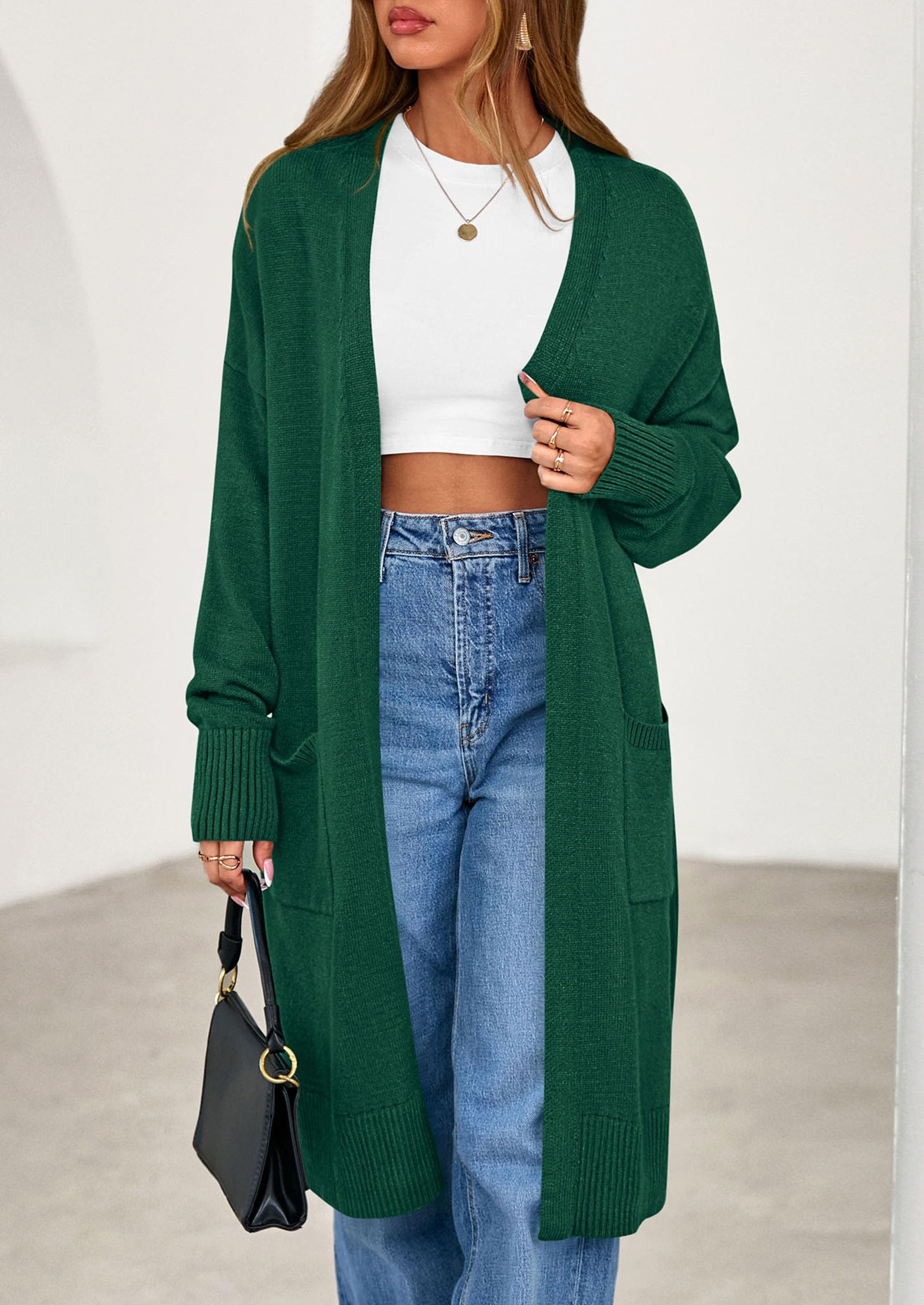 Women's Oversized Open Front Long Knit Cardigan,Green,S