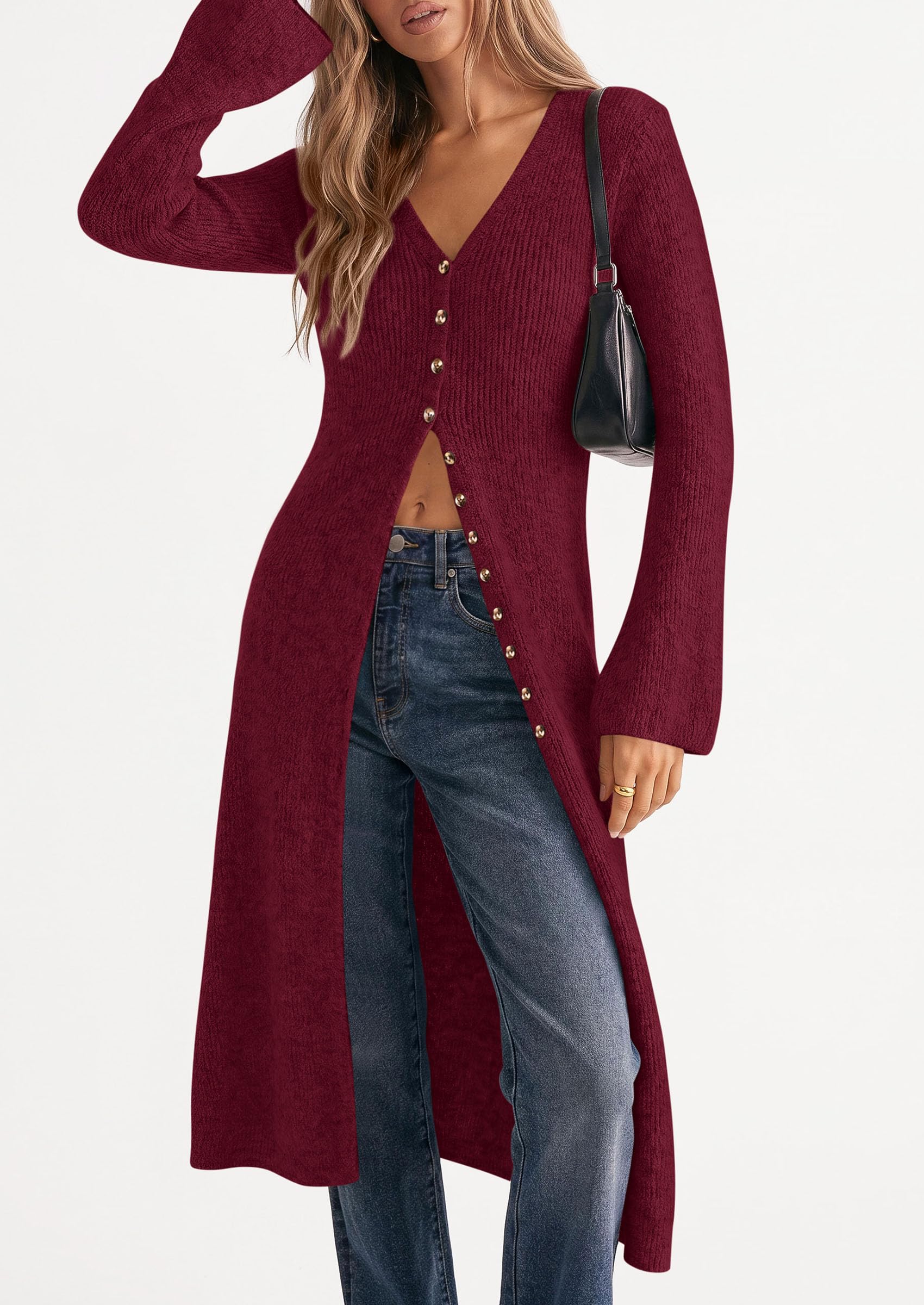 Women Long Cardigan Bell Sleeve Sweater Dress (Wine Red,S)