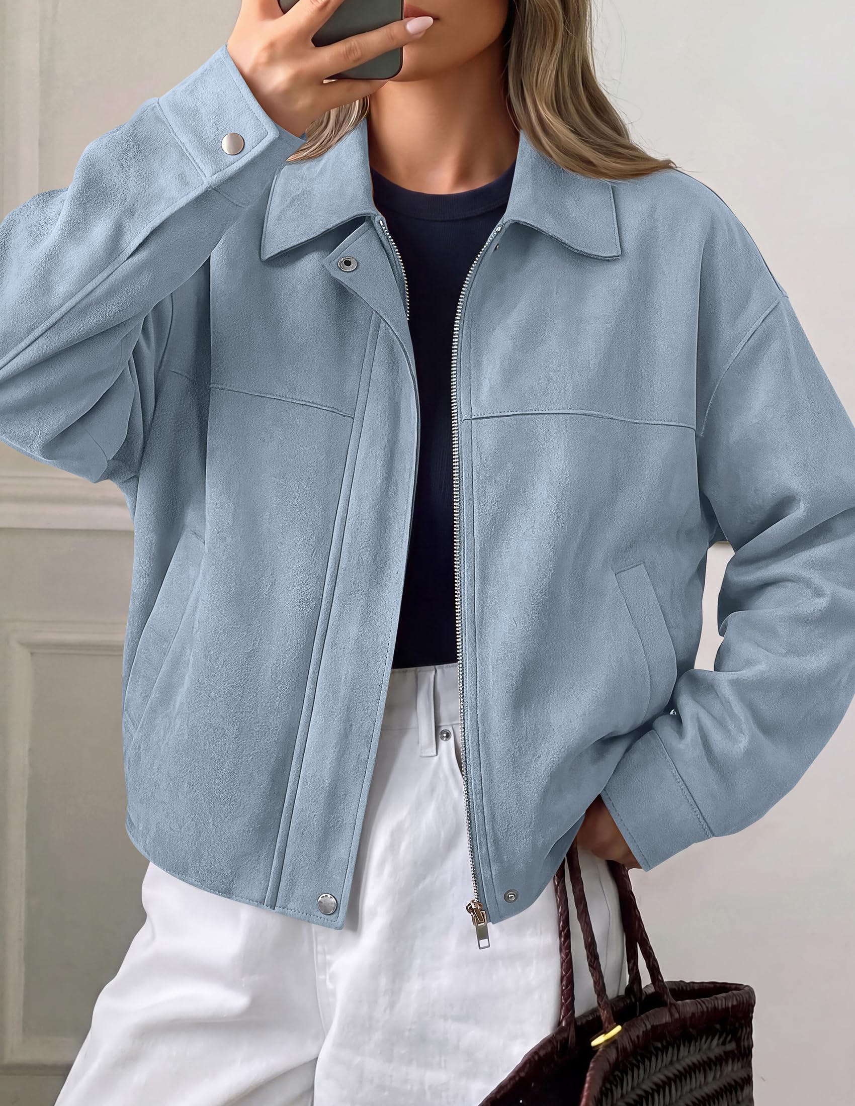Women's Faux Suede Cropped Fall Jackets,Light Blue,S