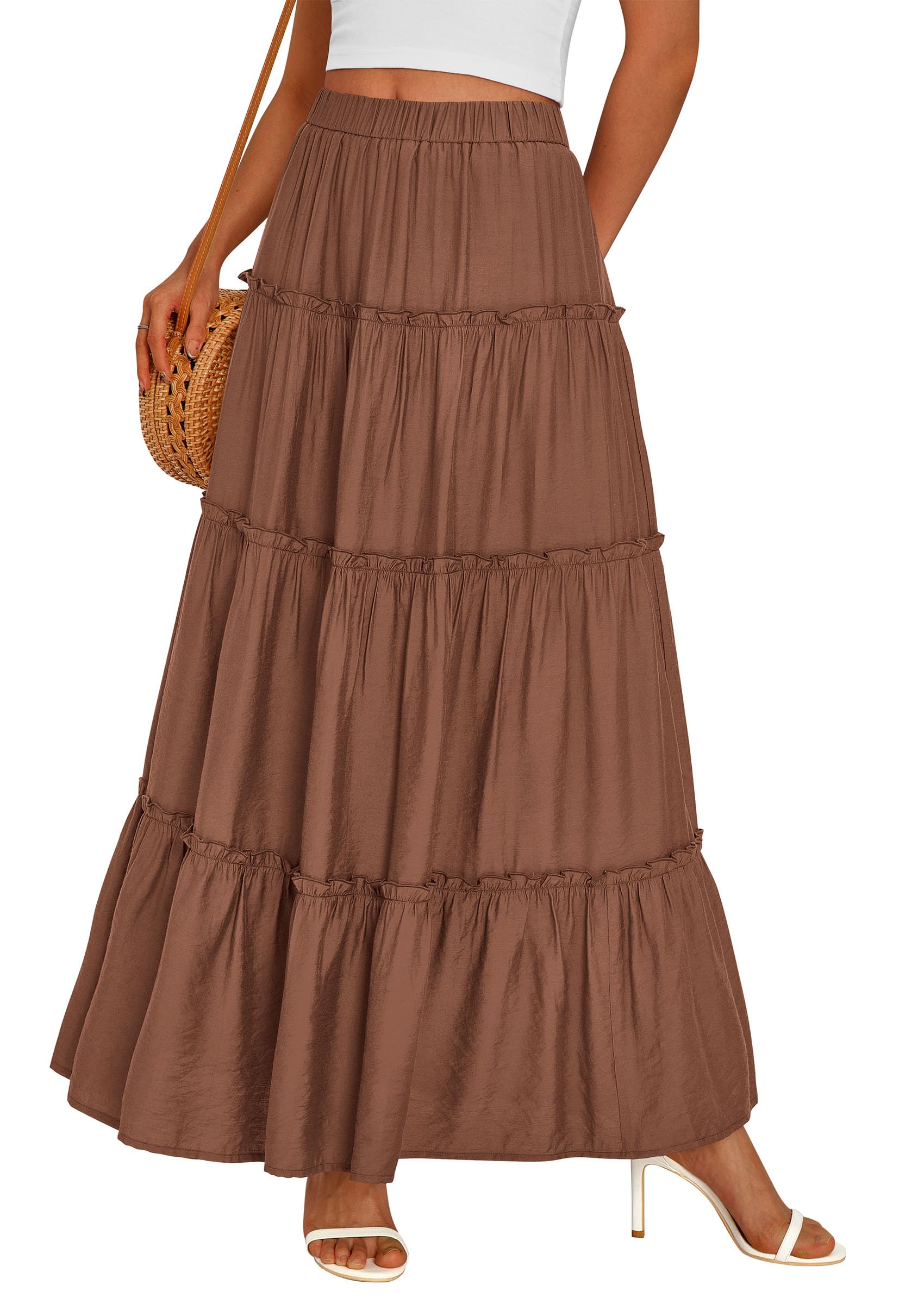 Women's Boho Tiered Ruffle Flowy Maxi Skirt, Light Brown,S
