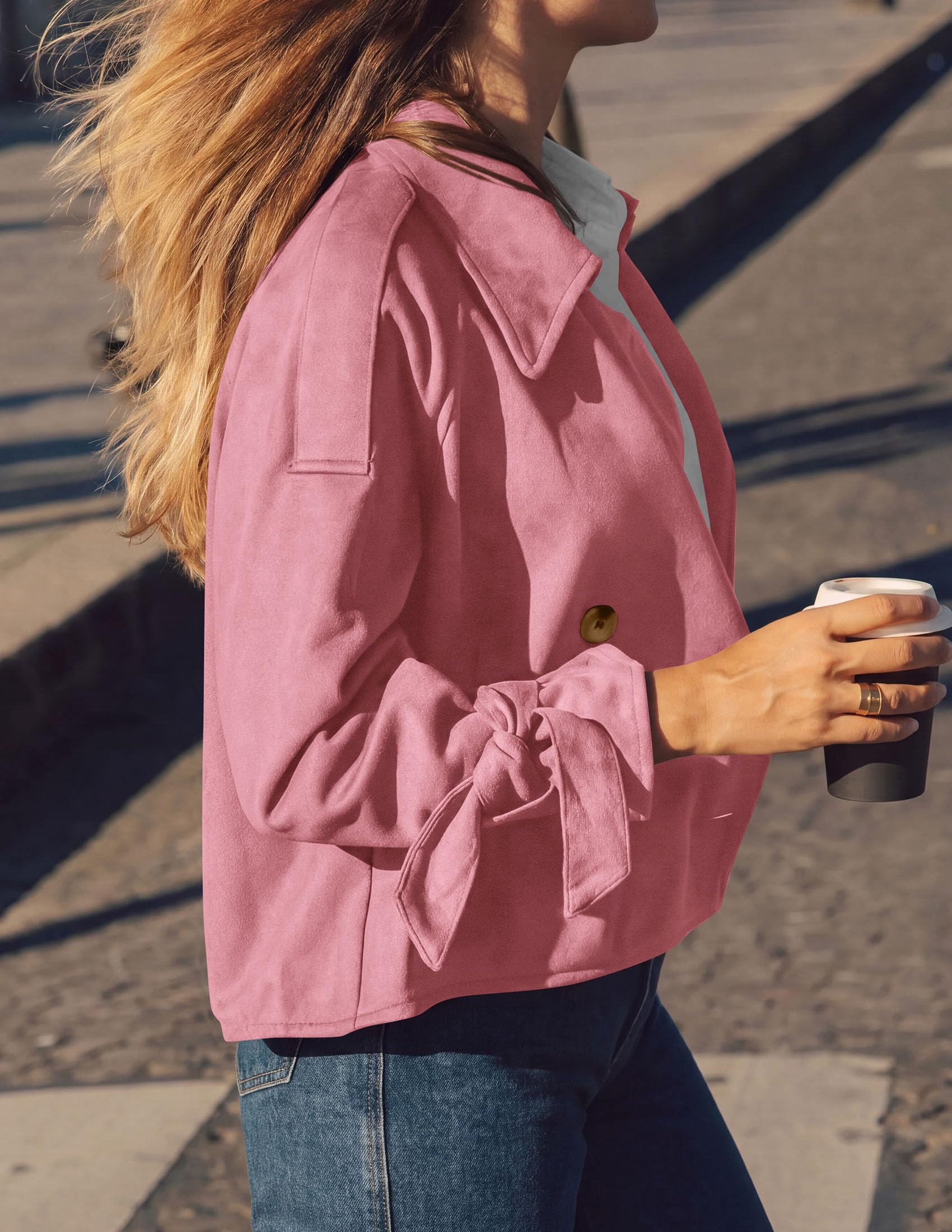 Women Faux Suede Double Breasted Trench Coat Cropped Jackets