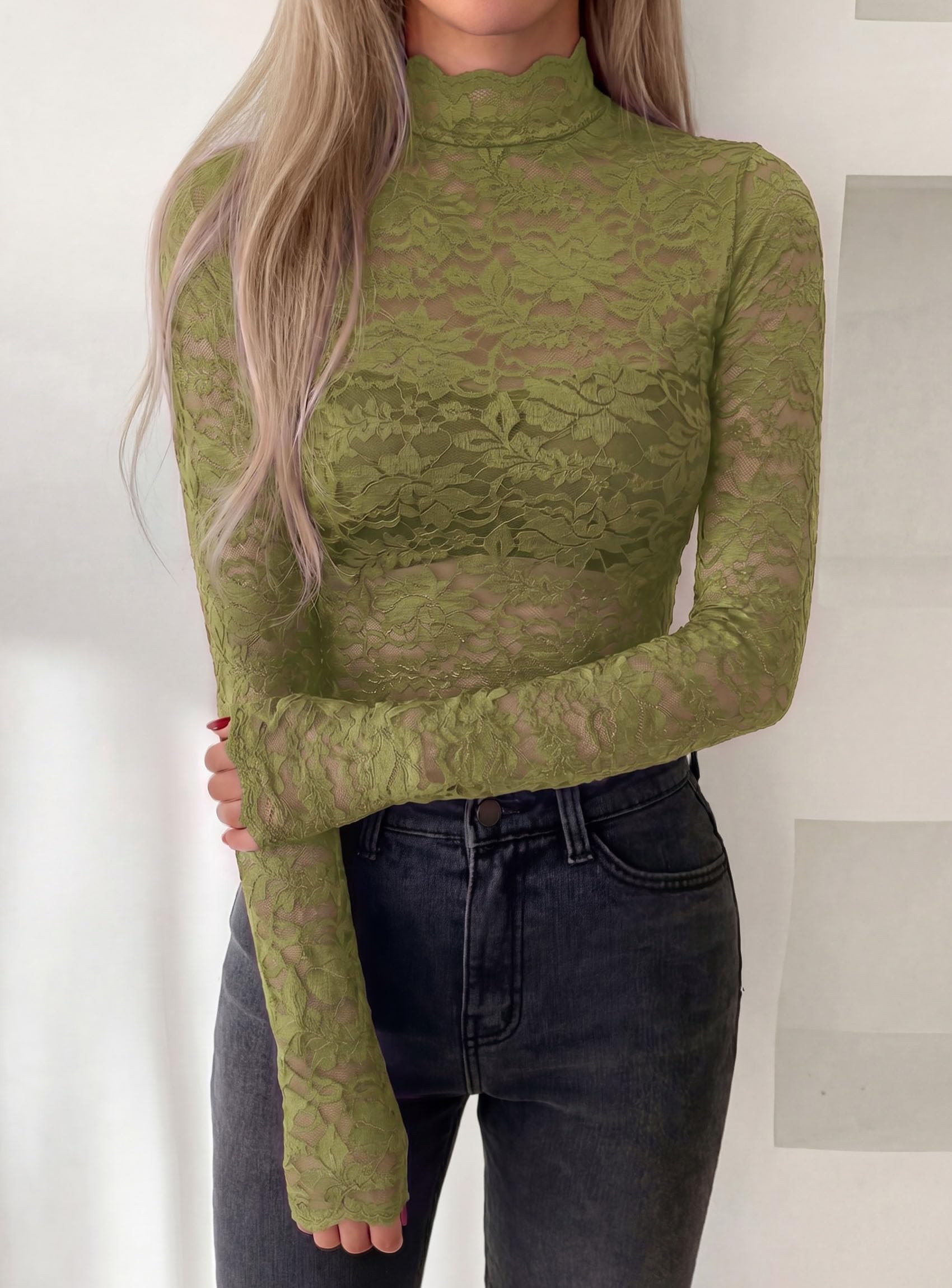 Womens Lace Long Sleeve Tops Sheer Mesh Blouse Green,S