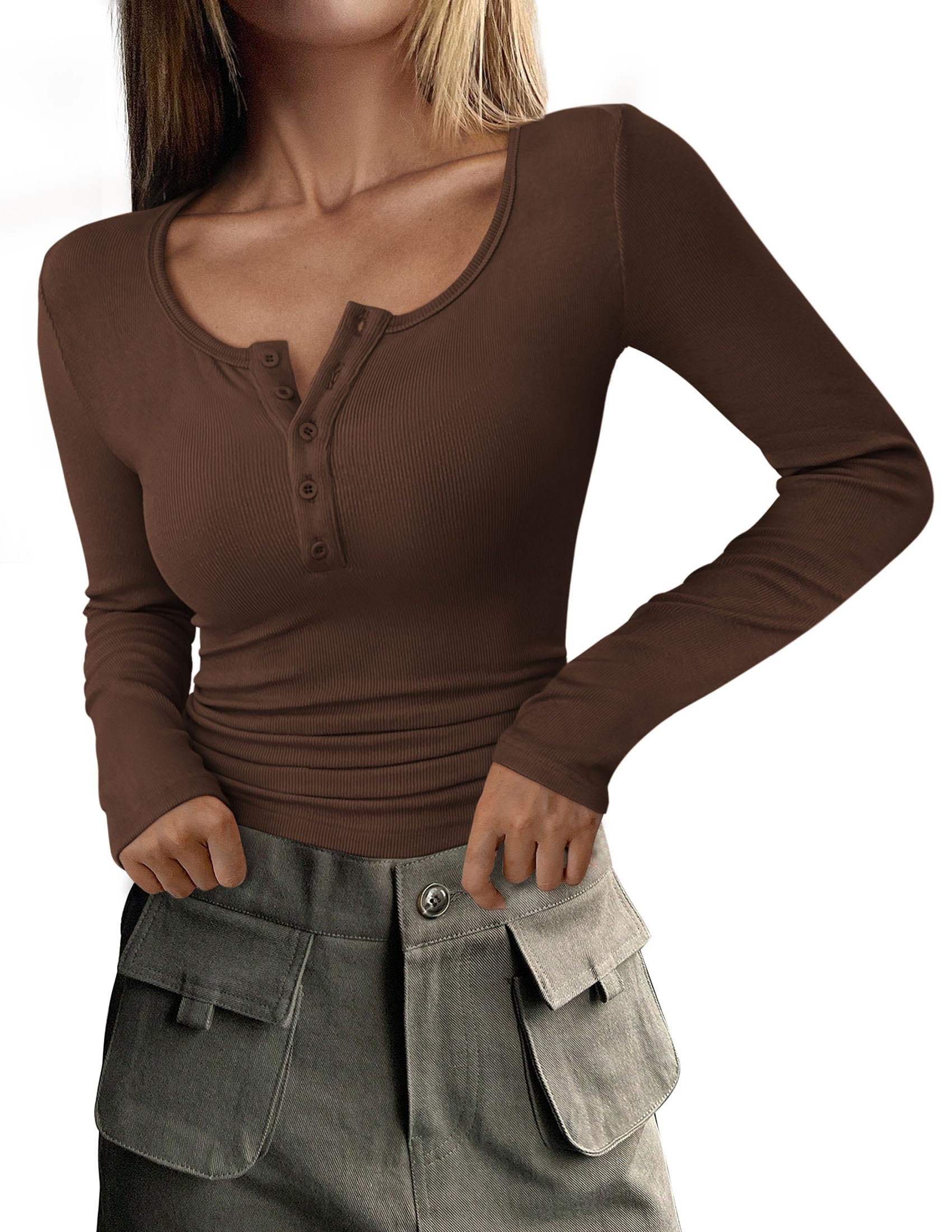 Women's Fall Long Sleeve Henley T Shirts Coffee
