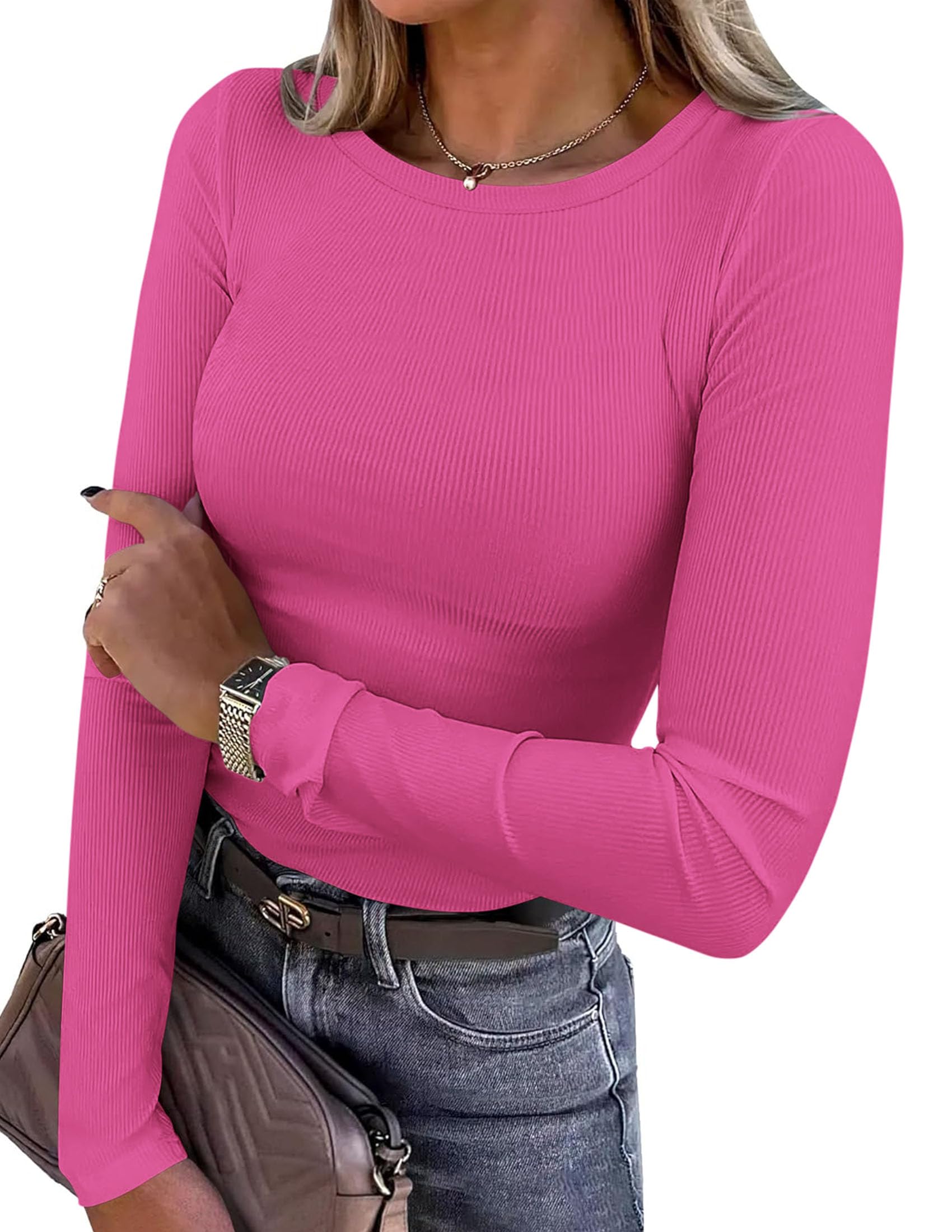 Women's Fall Long Sleeve Shirts Basic Tees (Hot Pink,XS)