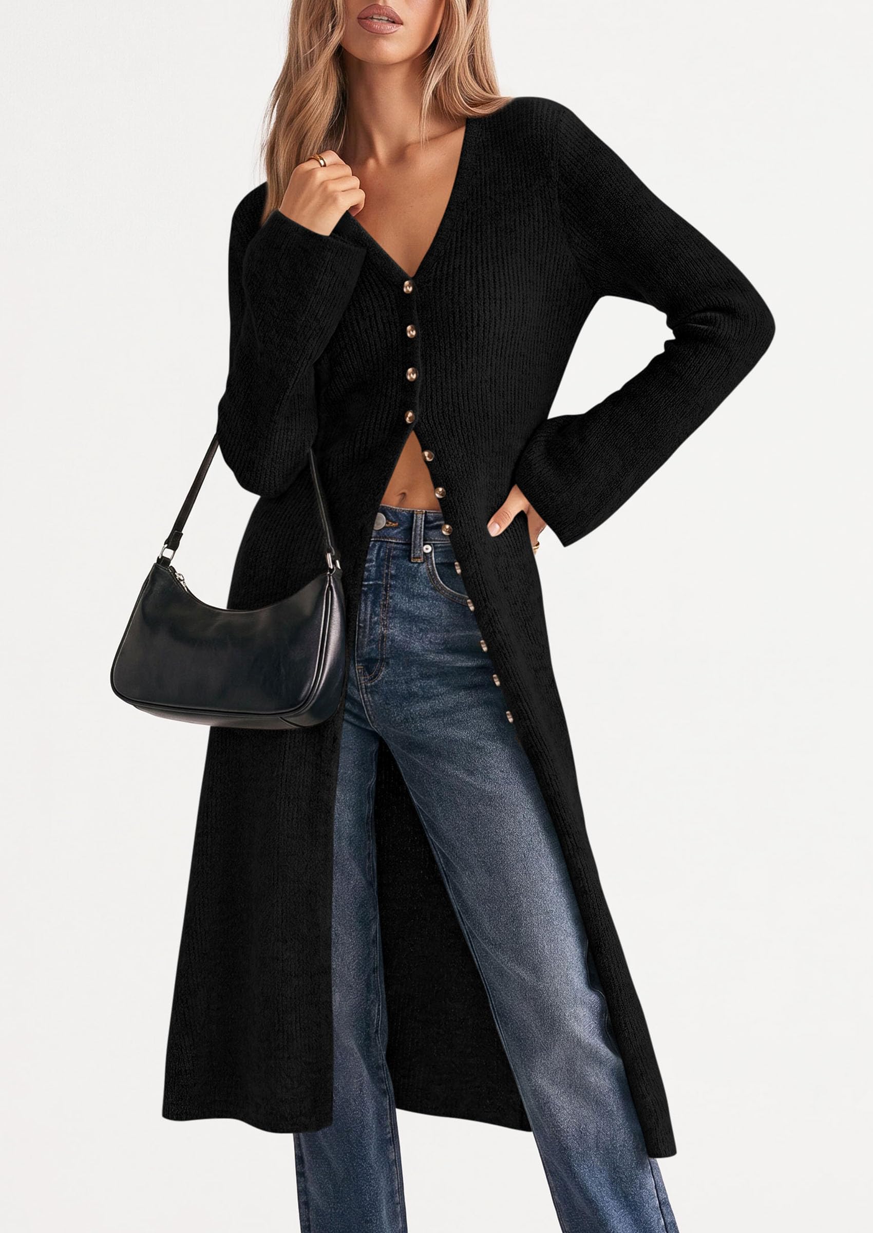 Women Long Cardigan Bell Sleeve Sweater Dress (Black,S)